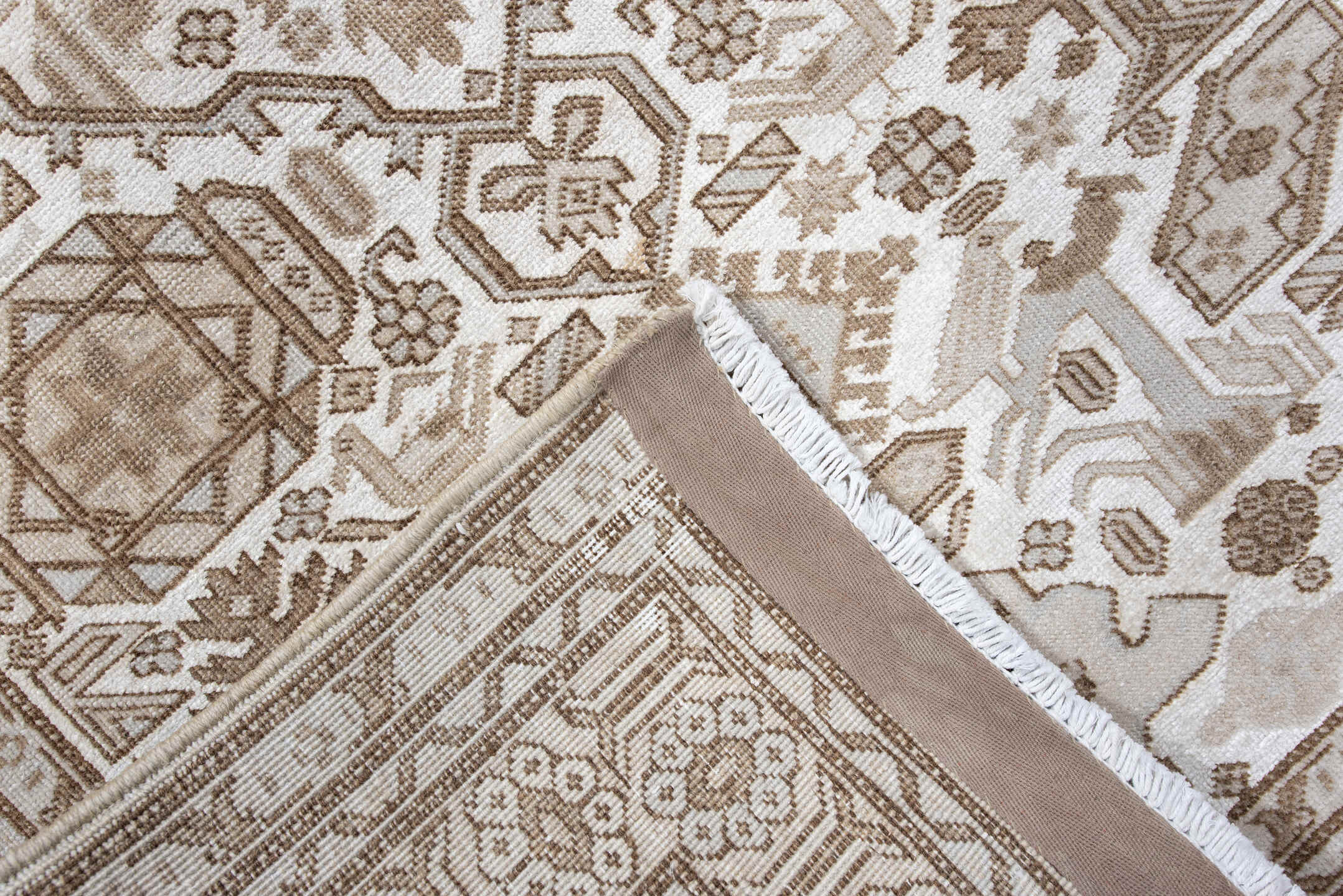 3' x 5' one-of-a-kind handmade vintage  small size rug. Color palette: ivory, camel, taupe, beige, light brown, gray, brown