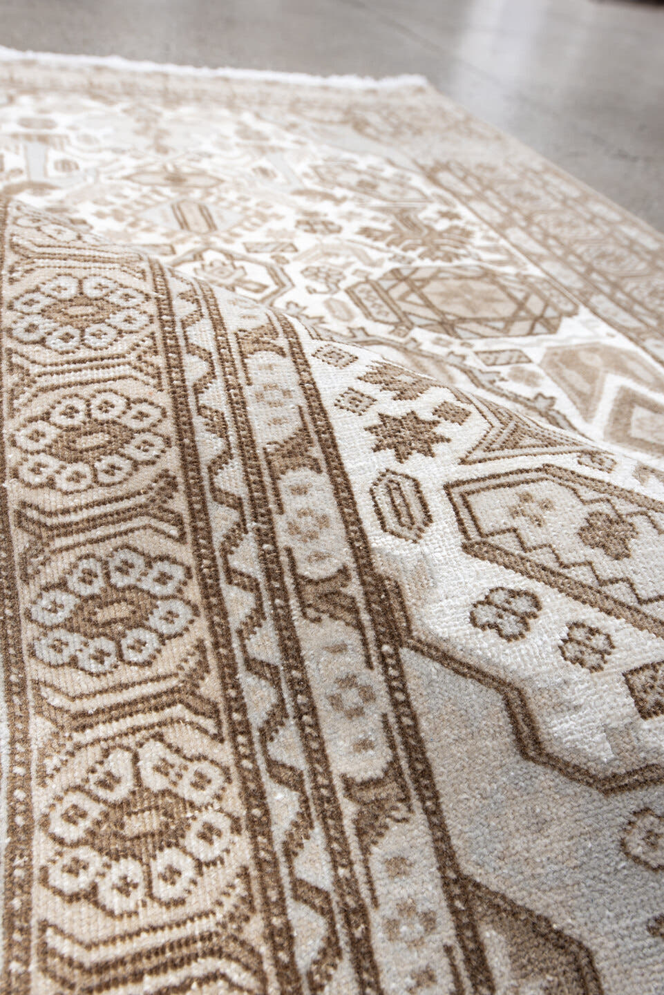 3' x 5' one-of-a-kind handmade vintage  small size rug. Color palette: ivory, camel, taupe, beige, light brown, gray, brown