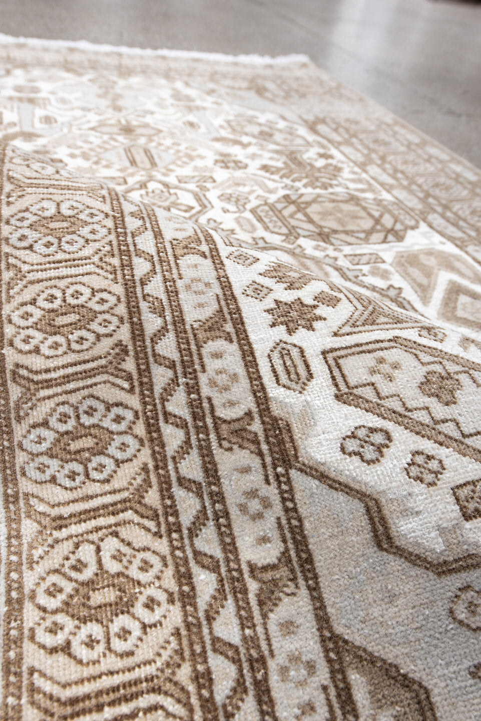 3' x 5' one-of-a-kind handmade vintage  small size rug. Color palette: ivory, camel, taupe, beige, light brown, gray, brown