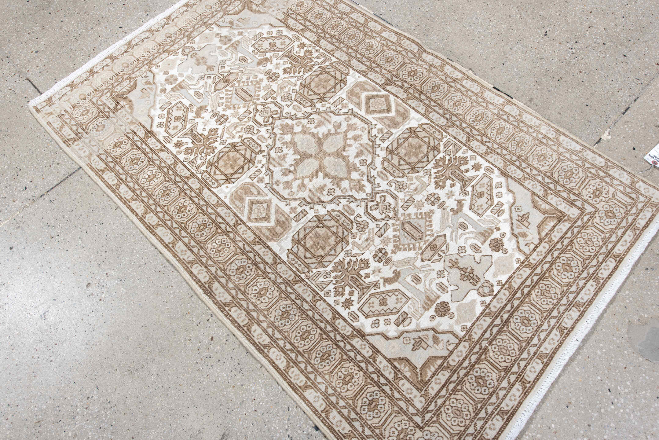 3' x 5' one-of-a-kind handmade vintage  small size rug. Color palette: ivory, camel, taupe, beige, light brown, gray, brown