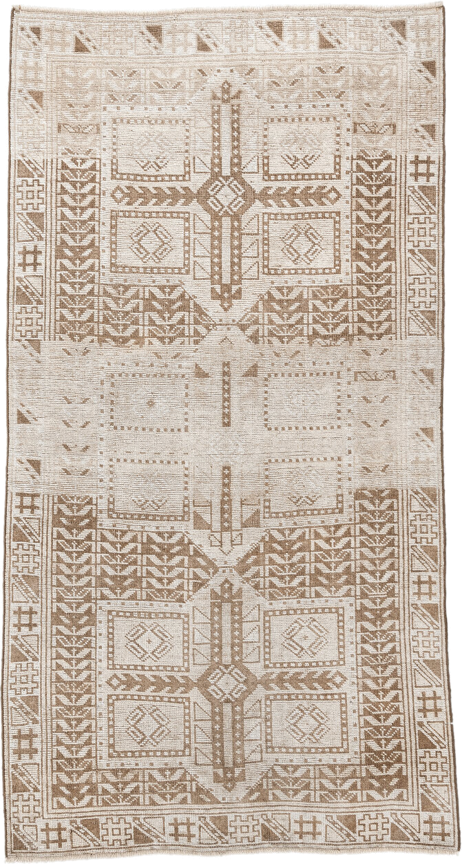 3' x 4' one-of-a-kind handmade antique Anatolian small size rug. Color palette: ivory, taupe, camel, beige, gray