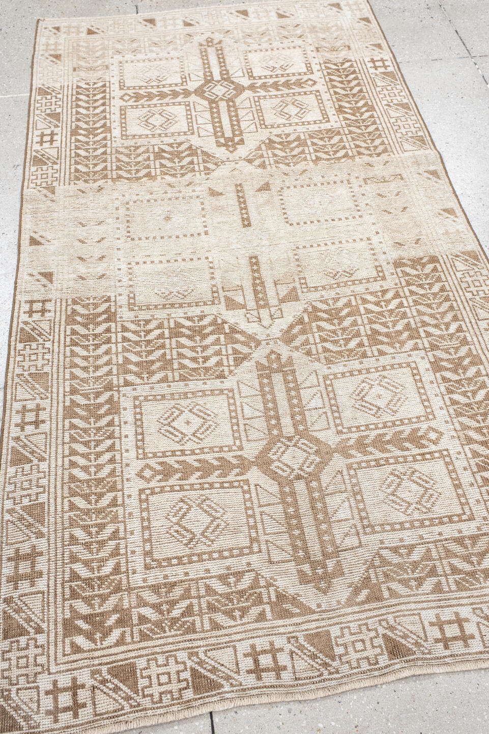 3' x 4' one-of-a-kind handmade antique Anatolian small size rug. Color palette: ivory, taupe, camel, beige, gray