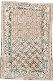 3' x 5' one-of-a-kind handmade antique Sarab small size rug. Color palette: ivory, beige, taupe, teal, blush, camel, brown