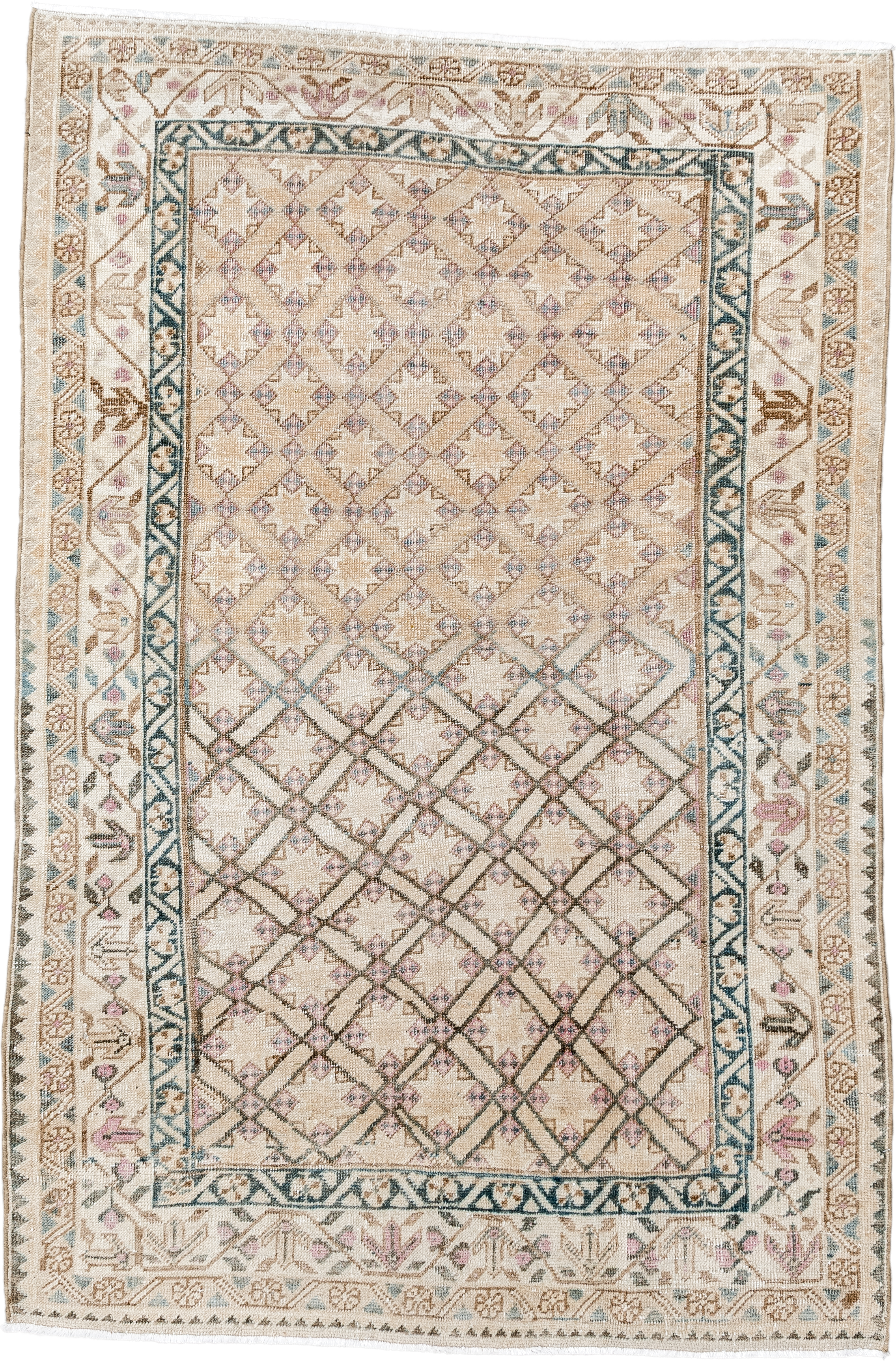 3' x 5' one-of-a-kind handmade antique Sarab small size rug. Color palette: ivory, beige, taupe, teal, blush, camel, brown