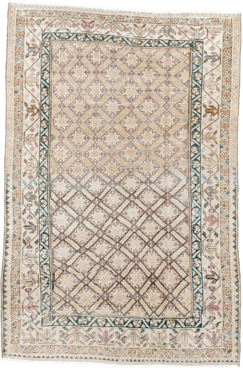 3' x 5' one-of-a-kind handmade antique Sarab small size rug. Color palette: ivory, beige, taupe, teal, blush, camel, brown