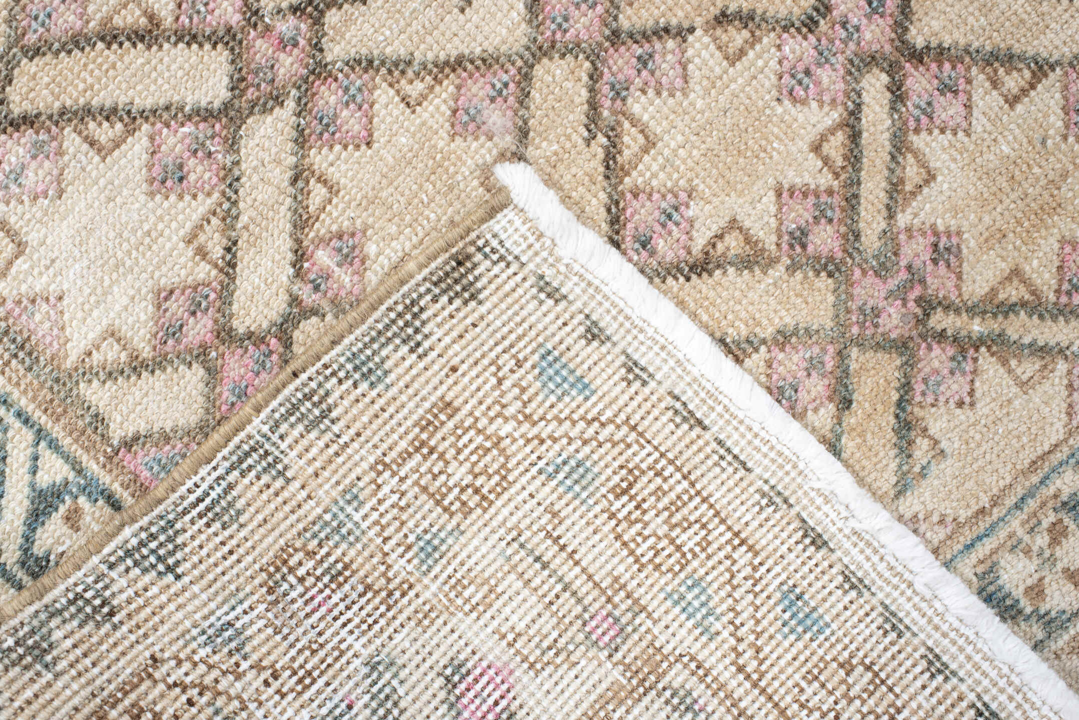 3' x 5' one-of-a-kind handmade antique Sarab small size rug. Color palette: ivory, beige, taupe, teal, blush, camel, brown