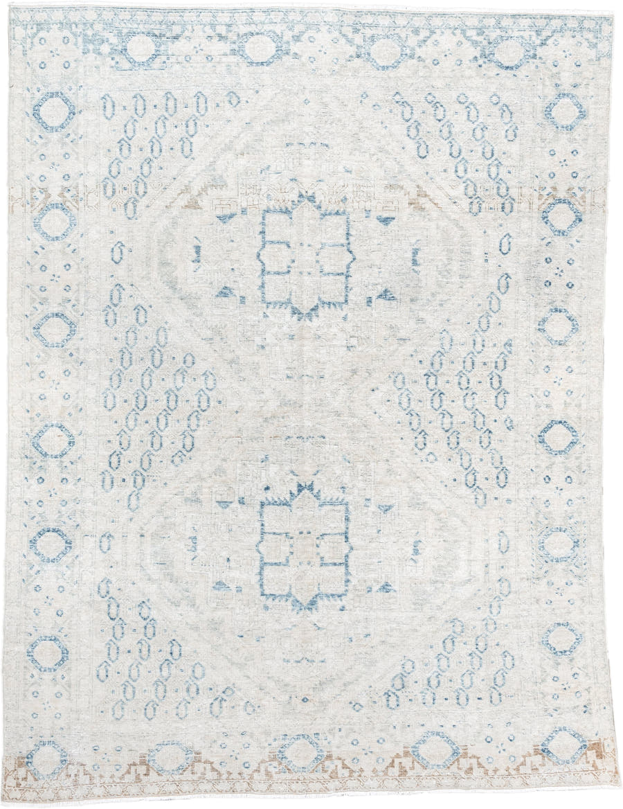 5' x 6' one-of-a-kind handmade antique Afshar rug. Color palette: ivory, sky blue, beige, cream, taupe, light blue, gray