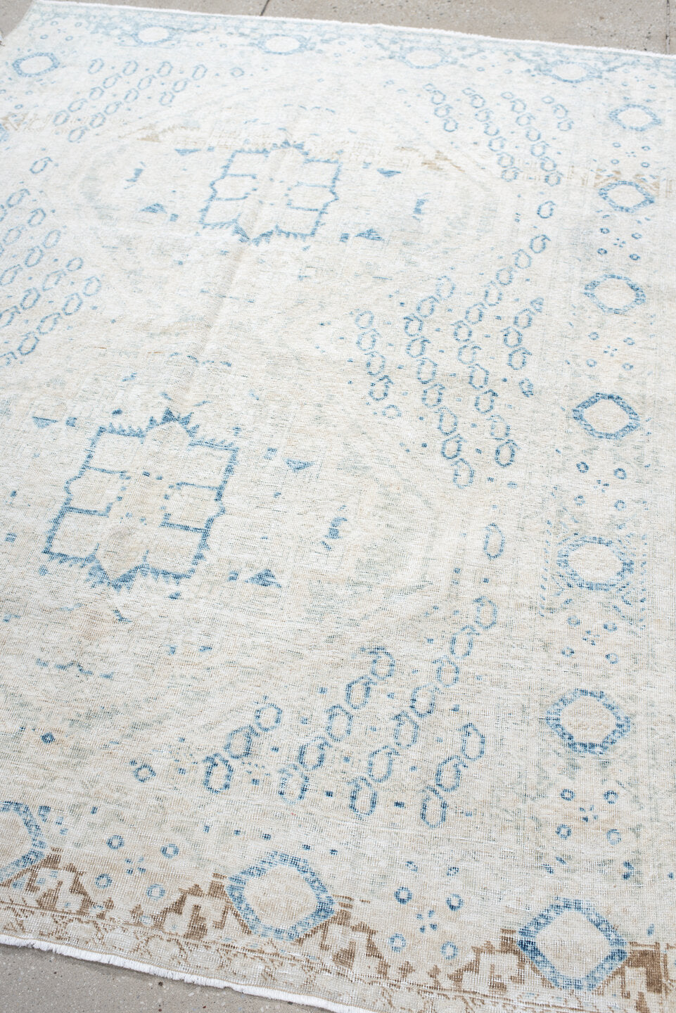 5' x 6' one-of-a-kind handmade antique Afshar rug. Color palette: ivory, sky blue, beige, cream, taupe, light blue, gray