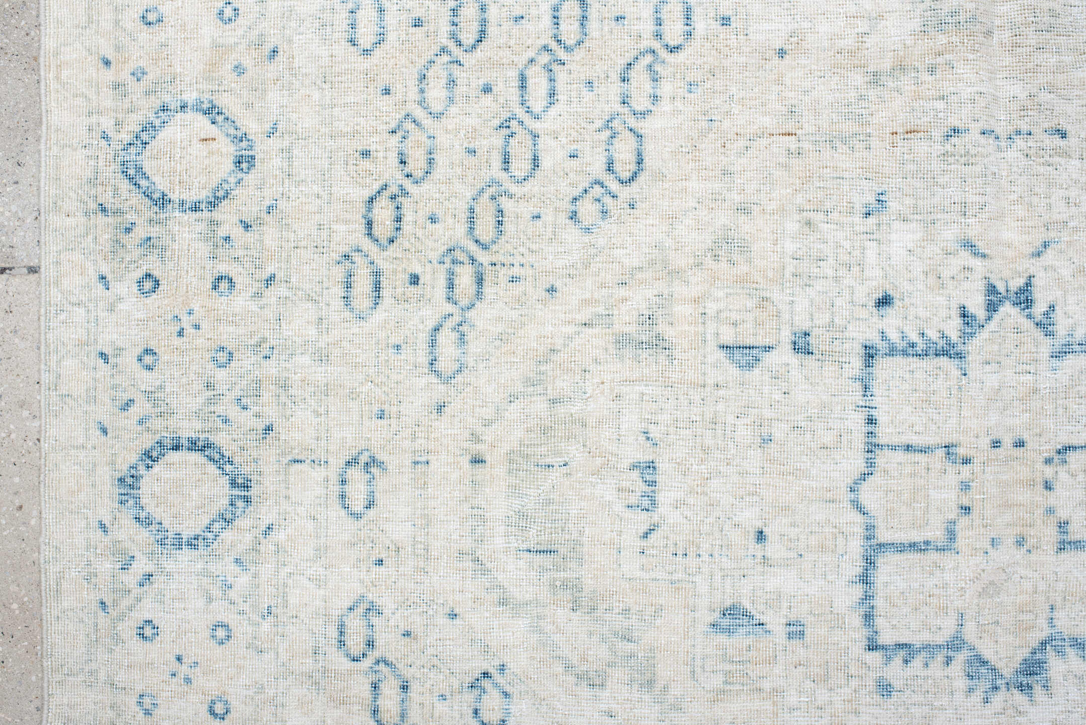 5' x 6' one-of-a-kind handmade antique Afshar rug. Color palette: ivory, sky blue, beige, cream, taupe, light blue, gray