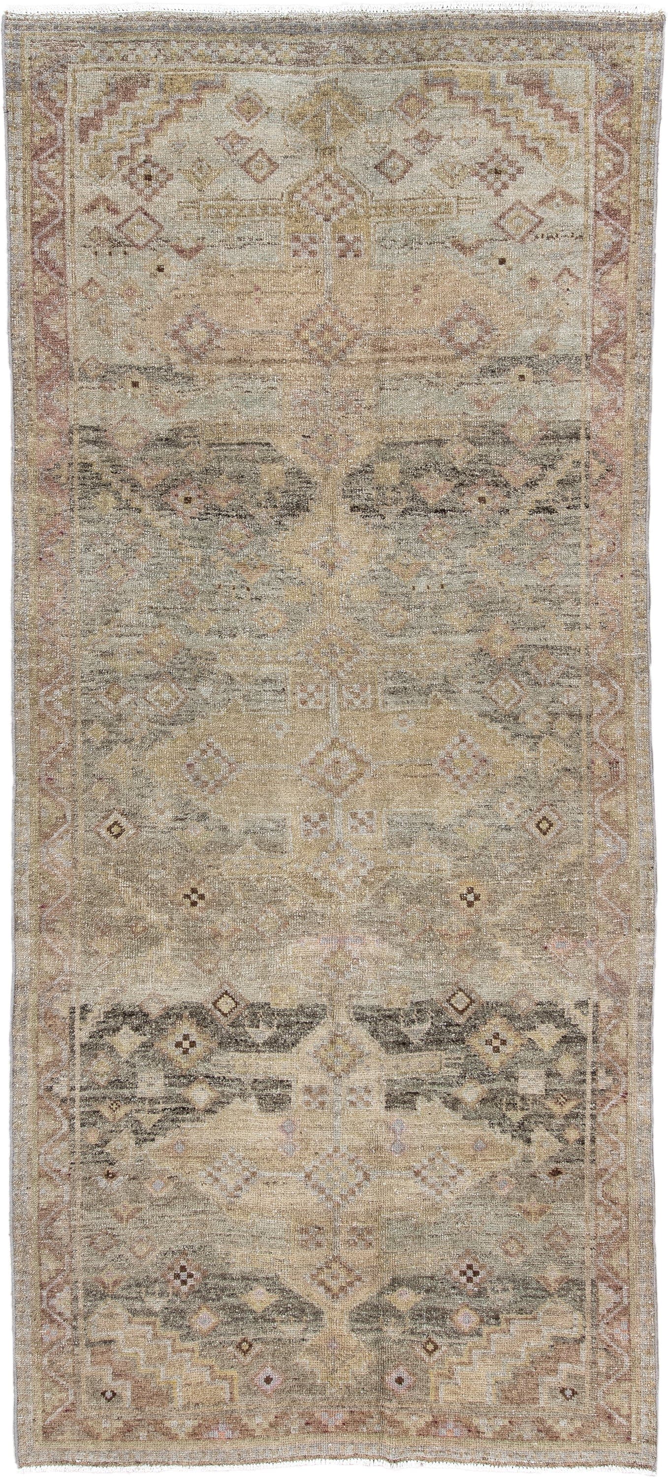 4' x 10' one-of-a-kind handmade antique Sarab runner rug. Color palette: ivory, camel, taupe, rose, charcoal, sage, tan