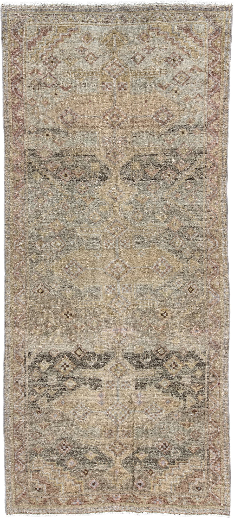 4' x 10' one-of-a-kind handmade antique Sarab runner rug. Color palette: ivory, camel, taupe, rose, charcoal, sage, tan