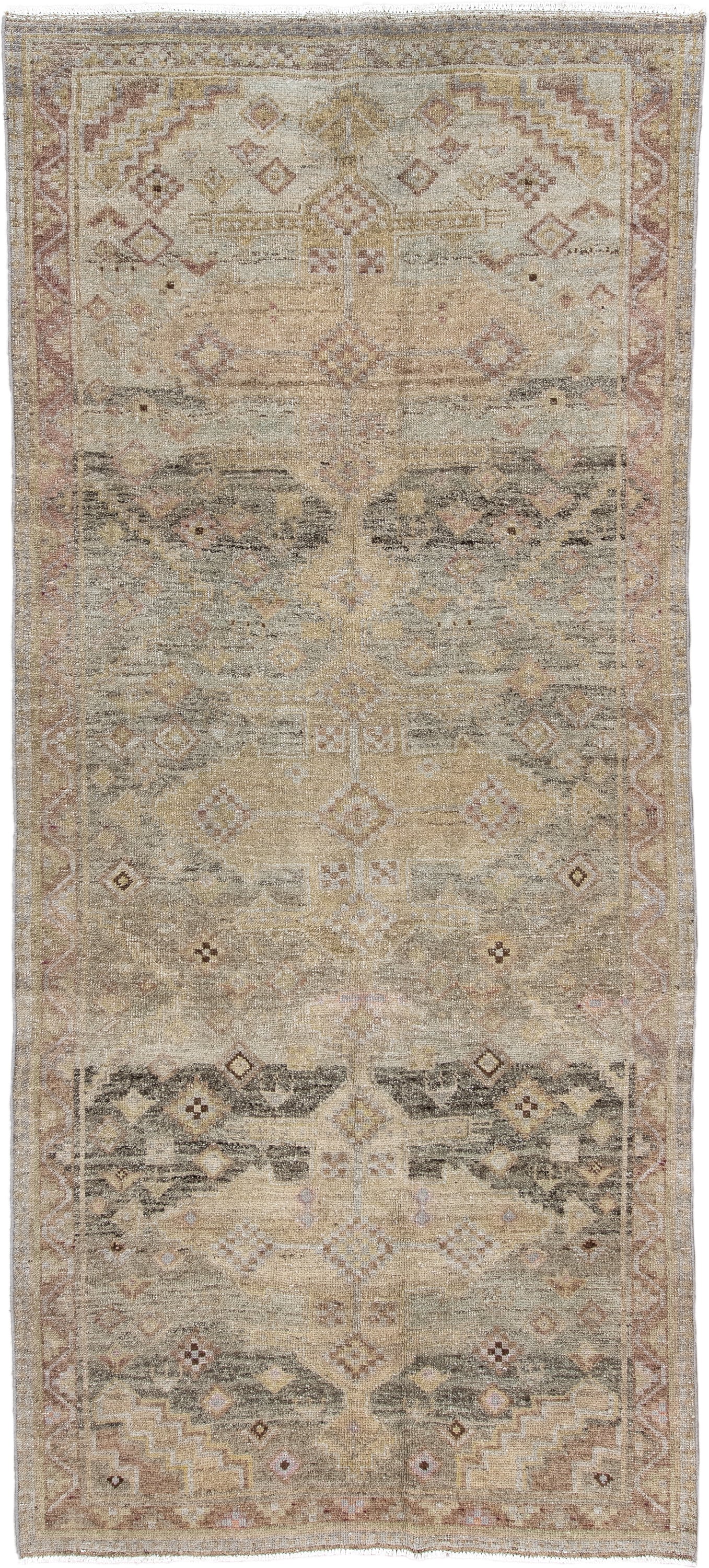 4' x 10' one-of-a-kind handmade antique Sarab runner rug. Color palette: ivory, camel, taupe, rose, charcoal, sage, tan