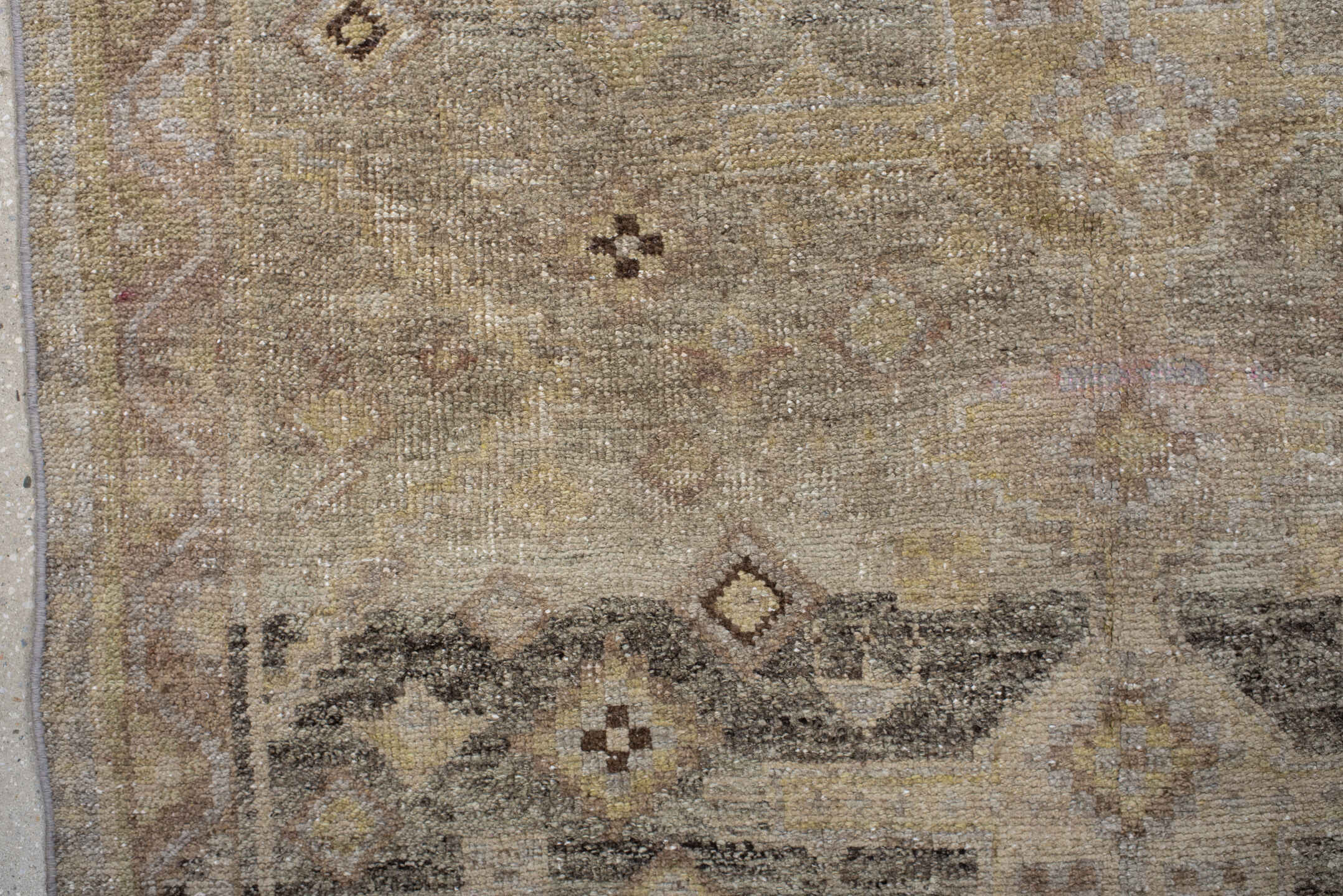 4' x 10' one-of-a-kind handmade antique Sarab runner rug. Color palette: ivory, camel, taupe, rose, charcoal, sage, tan