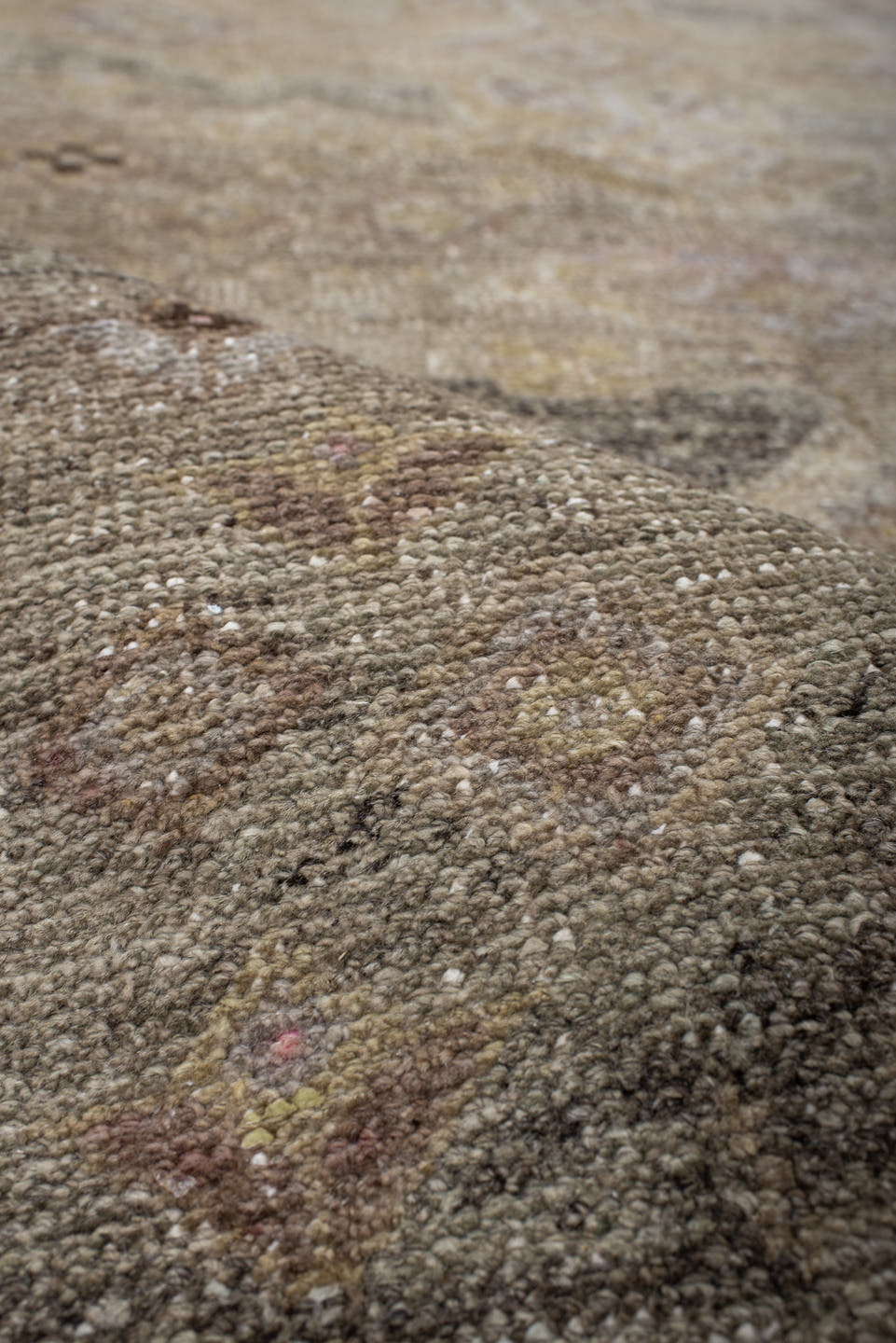 4' x 10' one-of-a-kind handmade antique Sarab runner rug. Color palette: ivory, camel, taupe, rose, charcoal, sage, tan