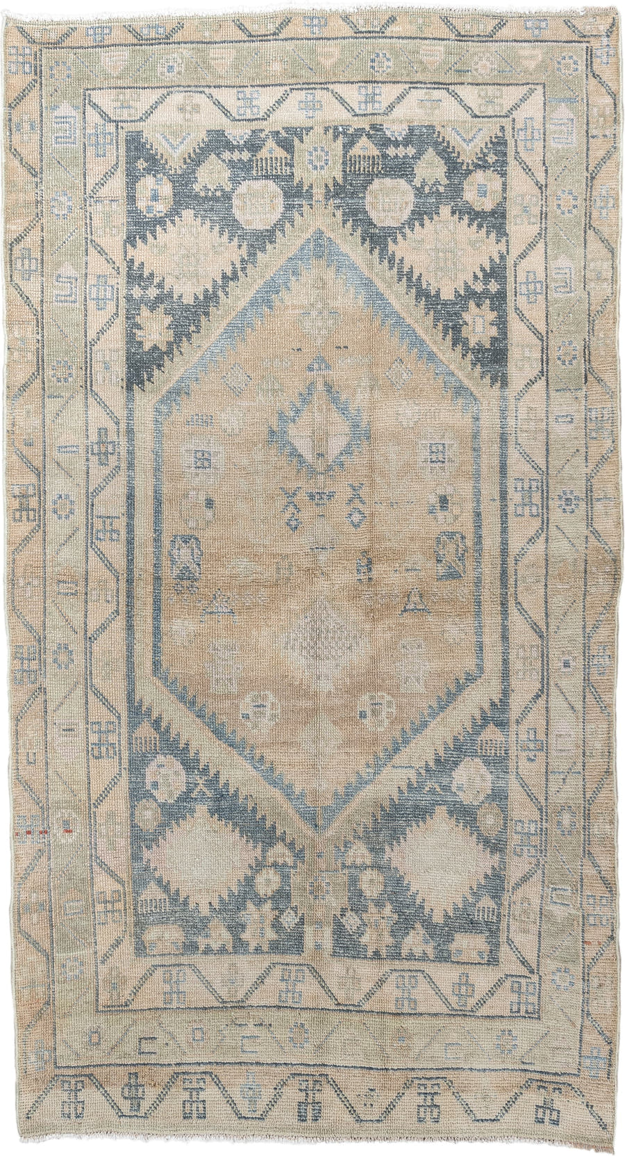4' x 7' one-of-a-kind handmade antique Meshkin rug. Color palette: camel, ivory, pale blue, beige, taupe, light blue, gray