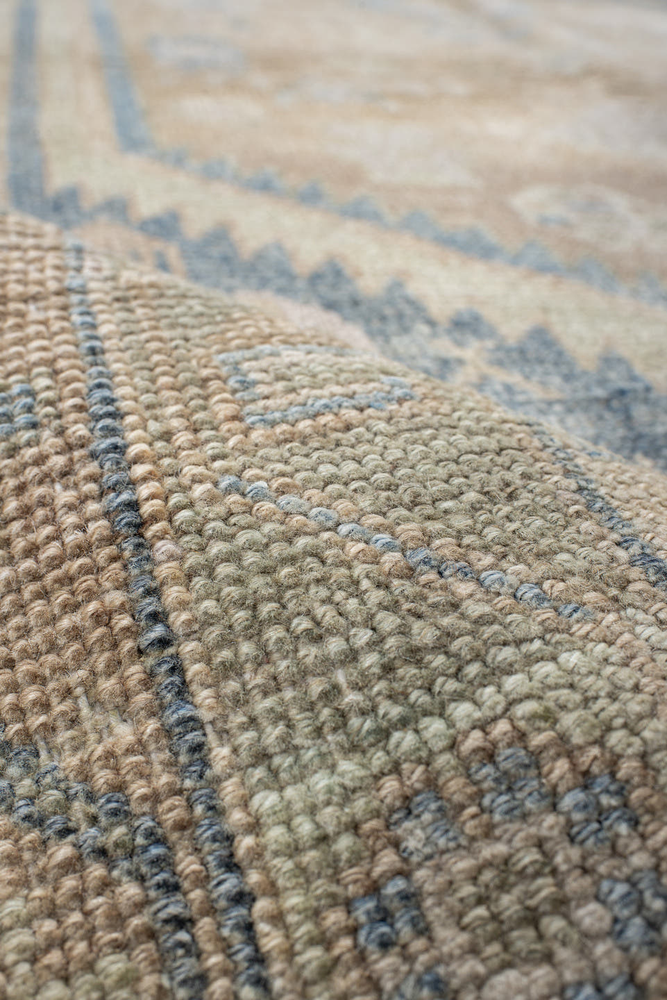 4' x 7' one-of-a-kind handmade antique Meshkin rug. Color palette: camel, ivory, pale blue, beige, taupe, light blue, gray