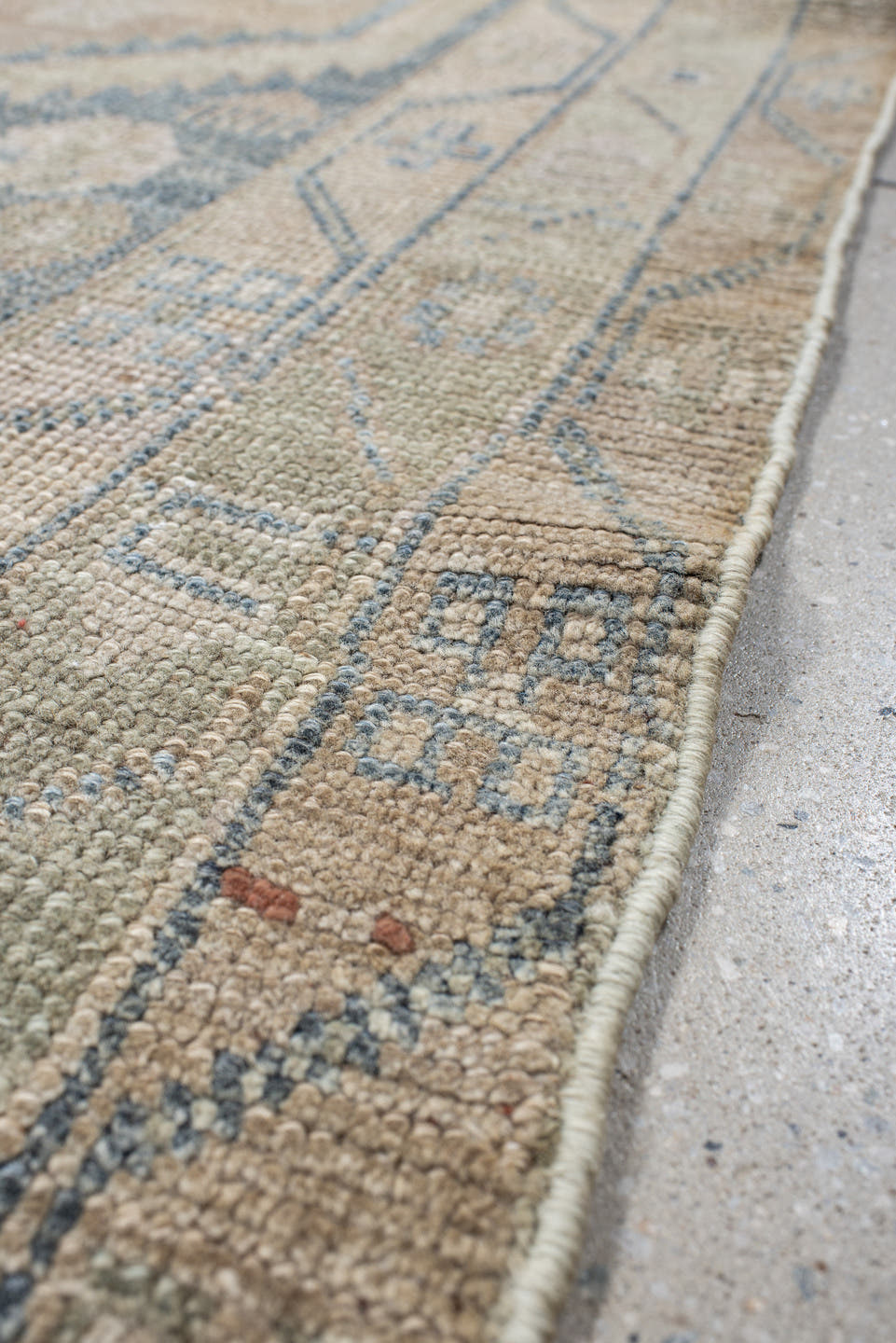 4' x 7' one-of-a-kind handmade antique Meshkin rug. Color palette: camel, ivory, pale blue, beige, taupe, light blue, gray