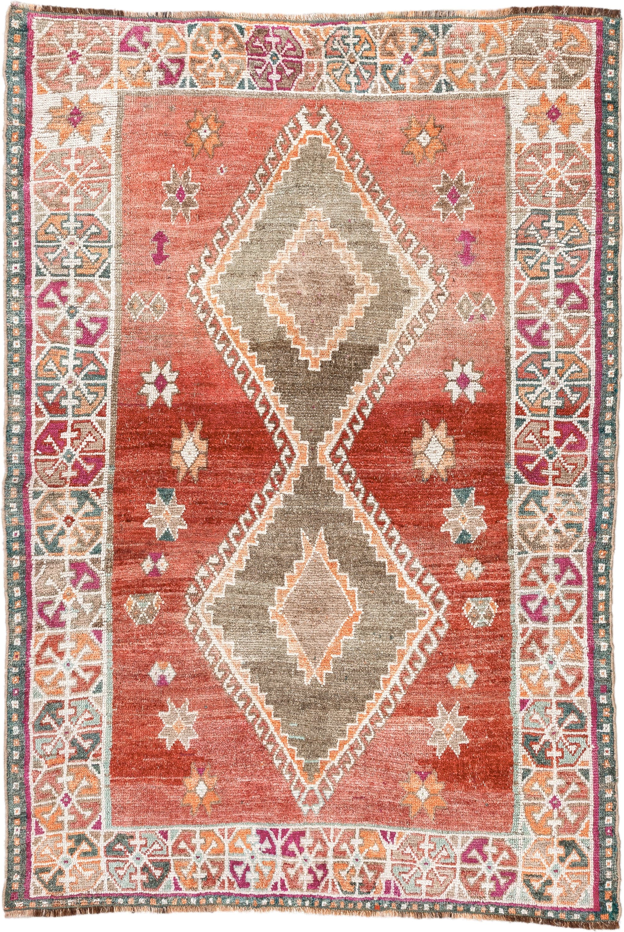 3' x 5' one-of-a-kind handmade vintage Gabbe small size rug. Color palette: terra cotta, ivory, taupe, rust, teal, magenta