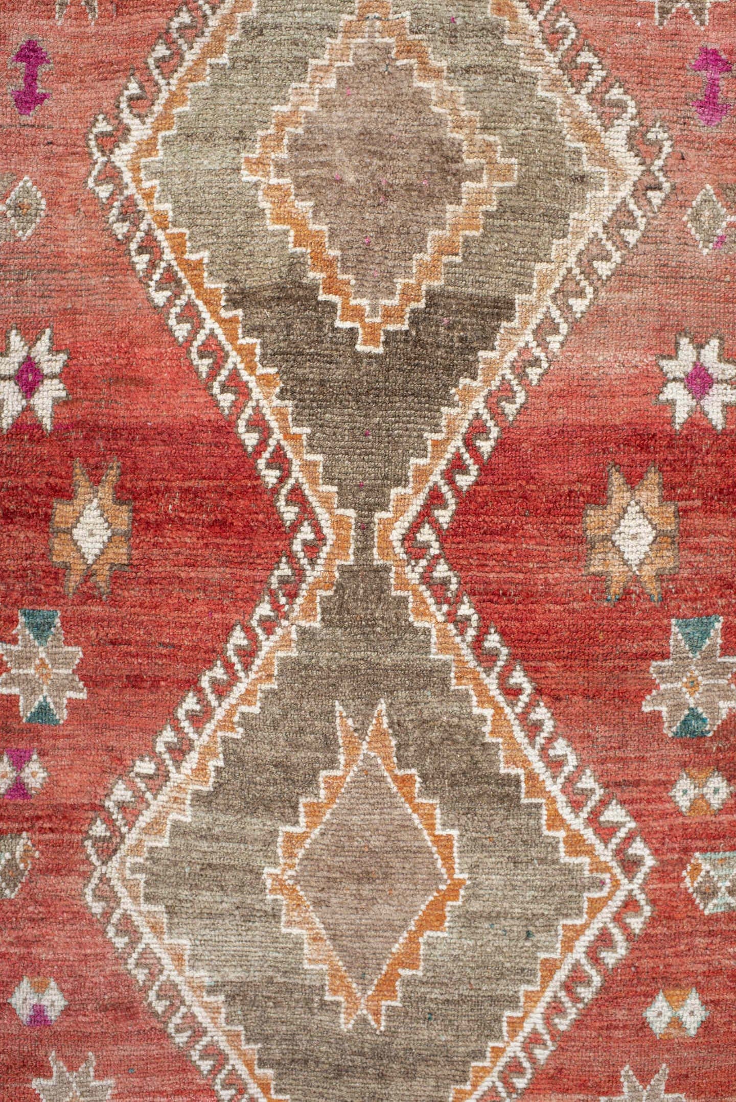 3' x 5' one-of-a-kind handmade vintage Gabbe small size rug. Color palette: terra cotta, ivory, taupe, rust, teal, magenta
