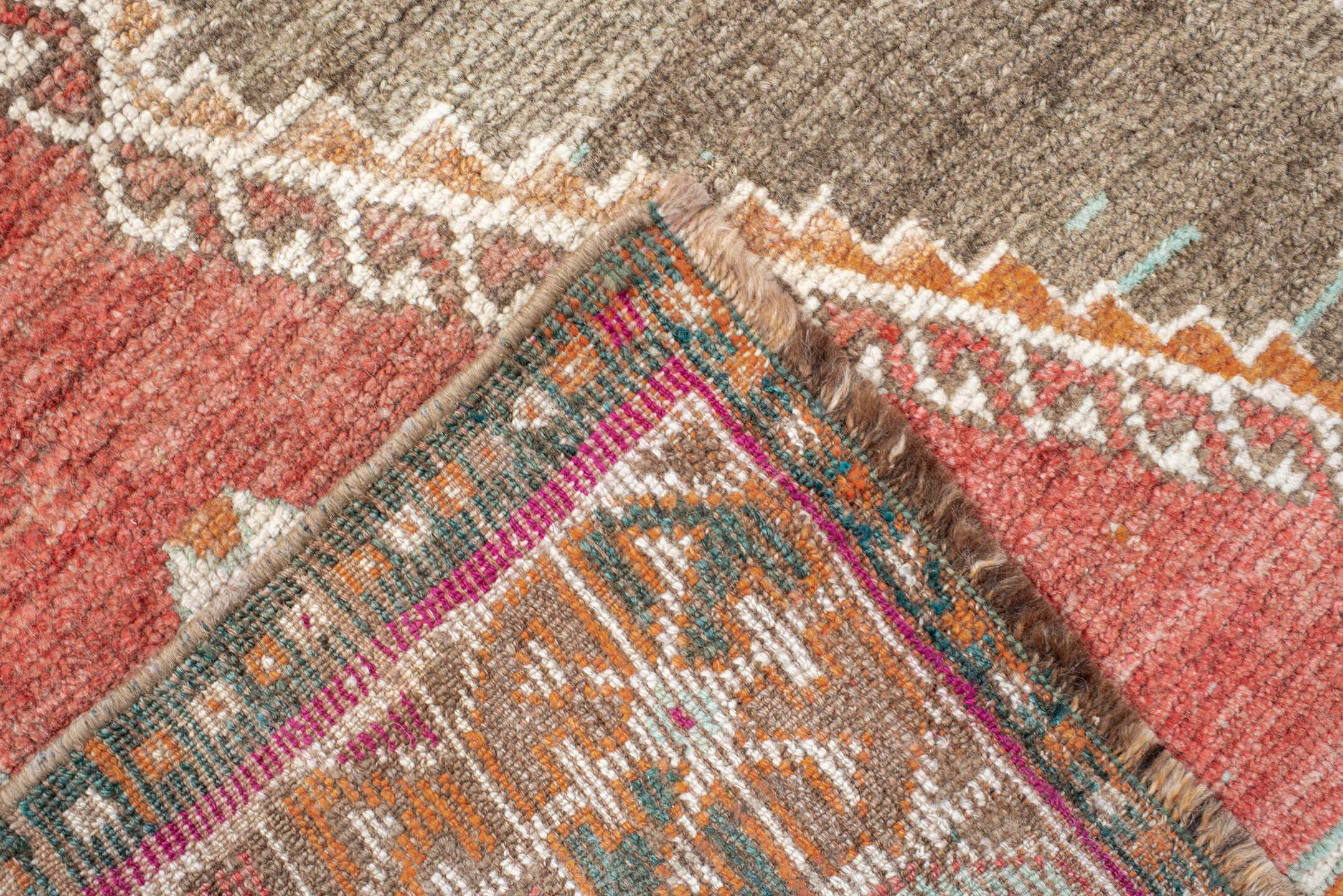 3' x 5' one-of-a-kind handmade vintage Gabbe small size rug. Color palette: terra cotta, ivory, taupe, rust, teal, magenta