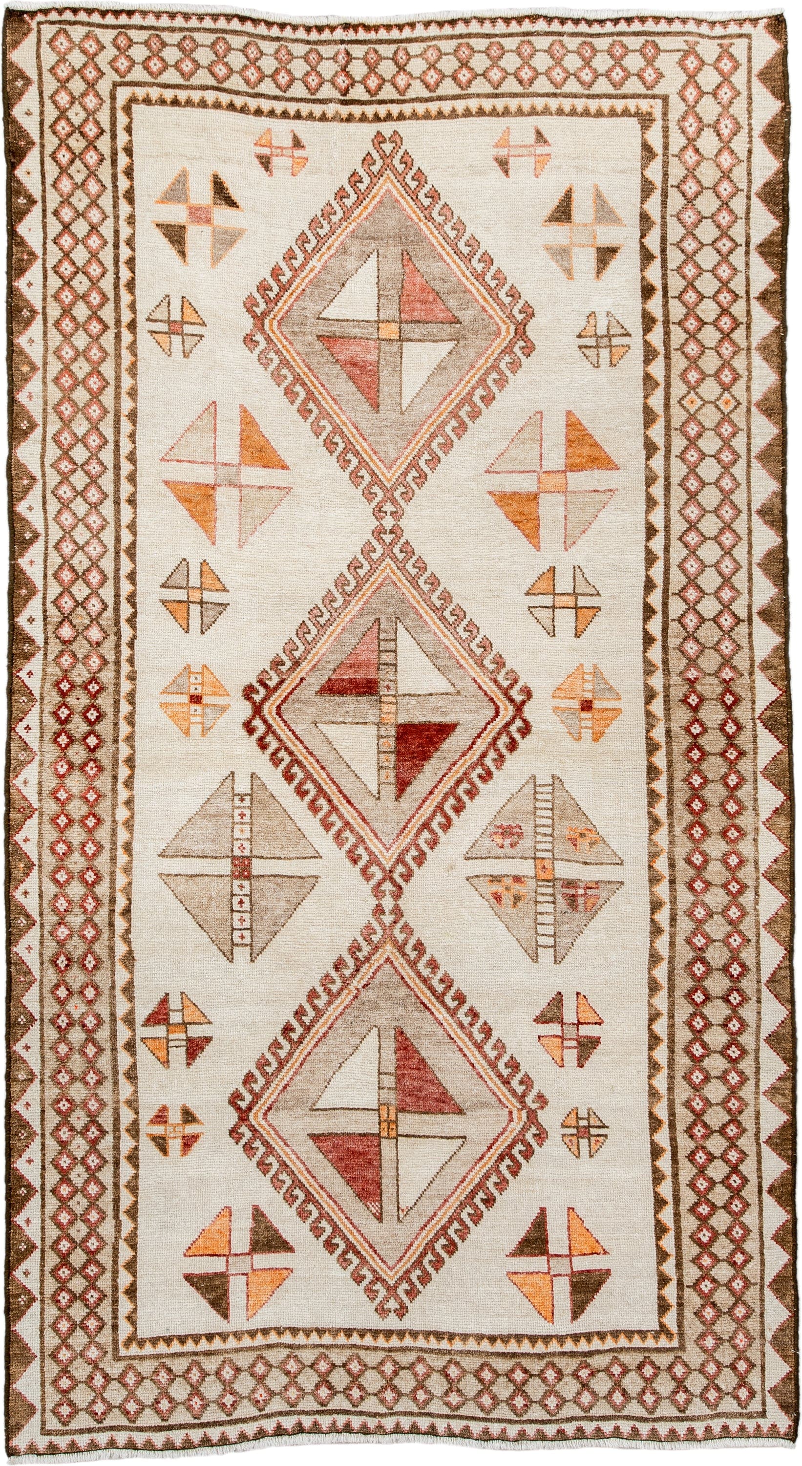 3' x 6' one-of-a-kind handmade antique Gabbe small size rug. Color palette: ivory, brown, rust, camel, taupe, terracotta