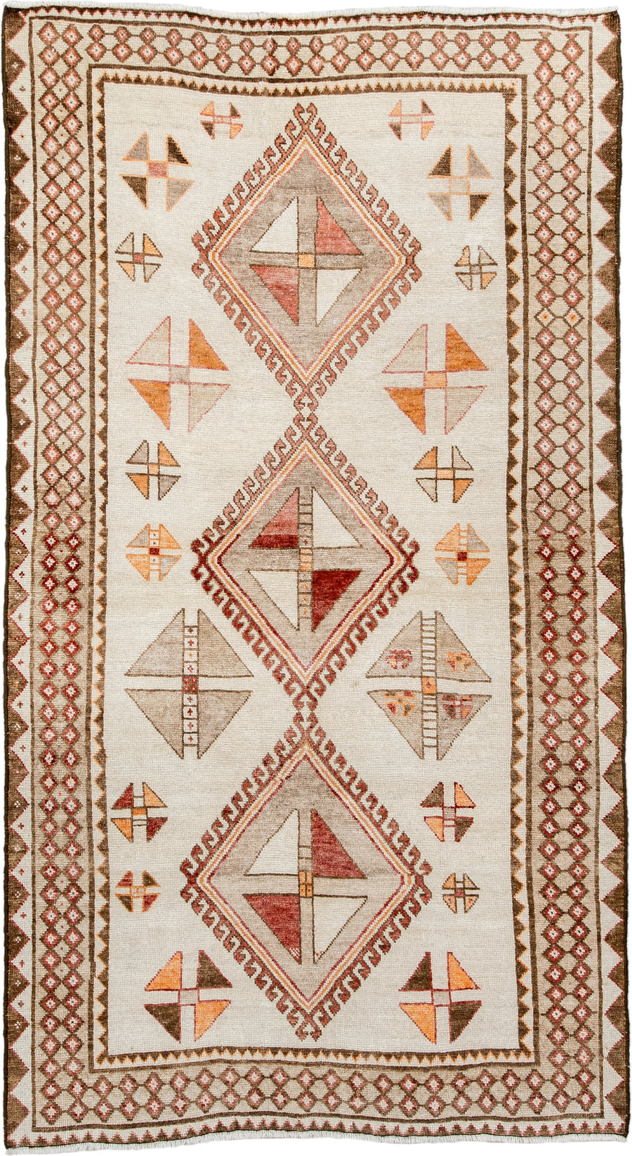 3' x 6' one-of-a-kind handmade antique Gabbe small size rug. Color palette: ivory, brown, rust, camel, taupe, terracotta