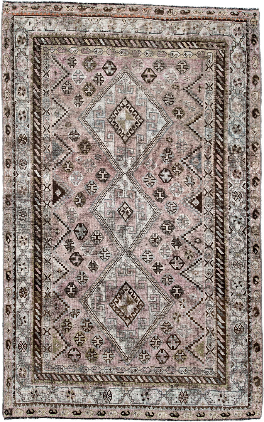4' x 7' one-of-a-kind handmade antique Shiraz rug. Color palette: rose, ivory, brown, taupe, sage, charcoal, pink, red