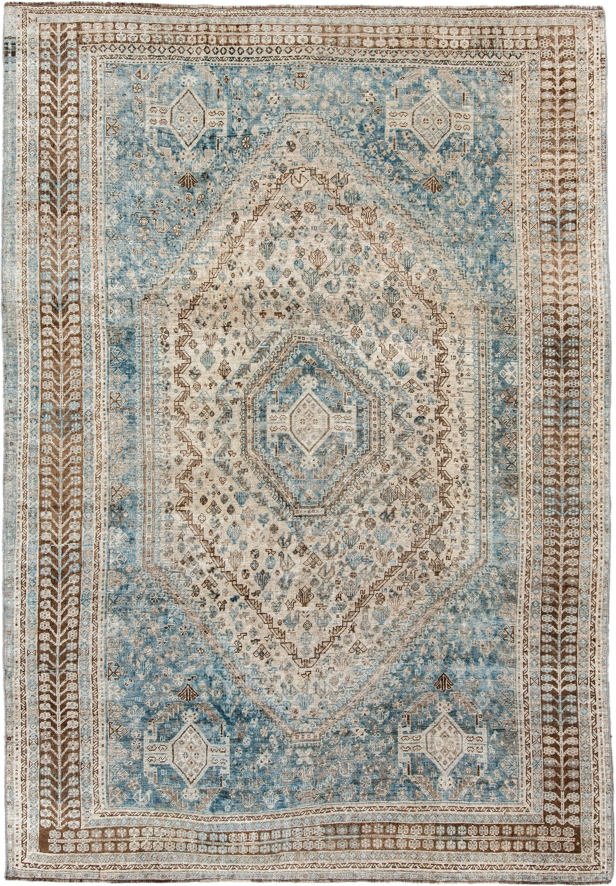 7' x 11' one-of-a-kind handmade antique Shiraz large size rug. Color palette: sky blue, ivory, brown, taupe, camel, slate