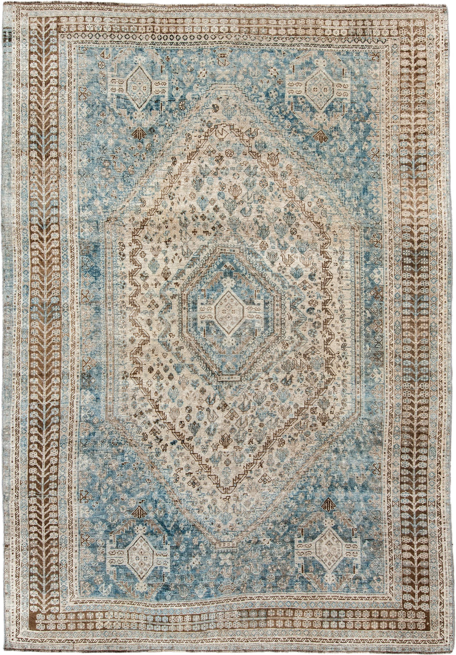 7' x 11' one-of-a-kind handmade antique Shiraz large size rug. Color palette: sky blue, ivory, brown, taupe, camel, slate