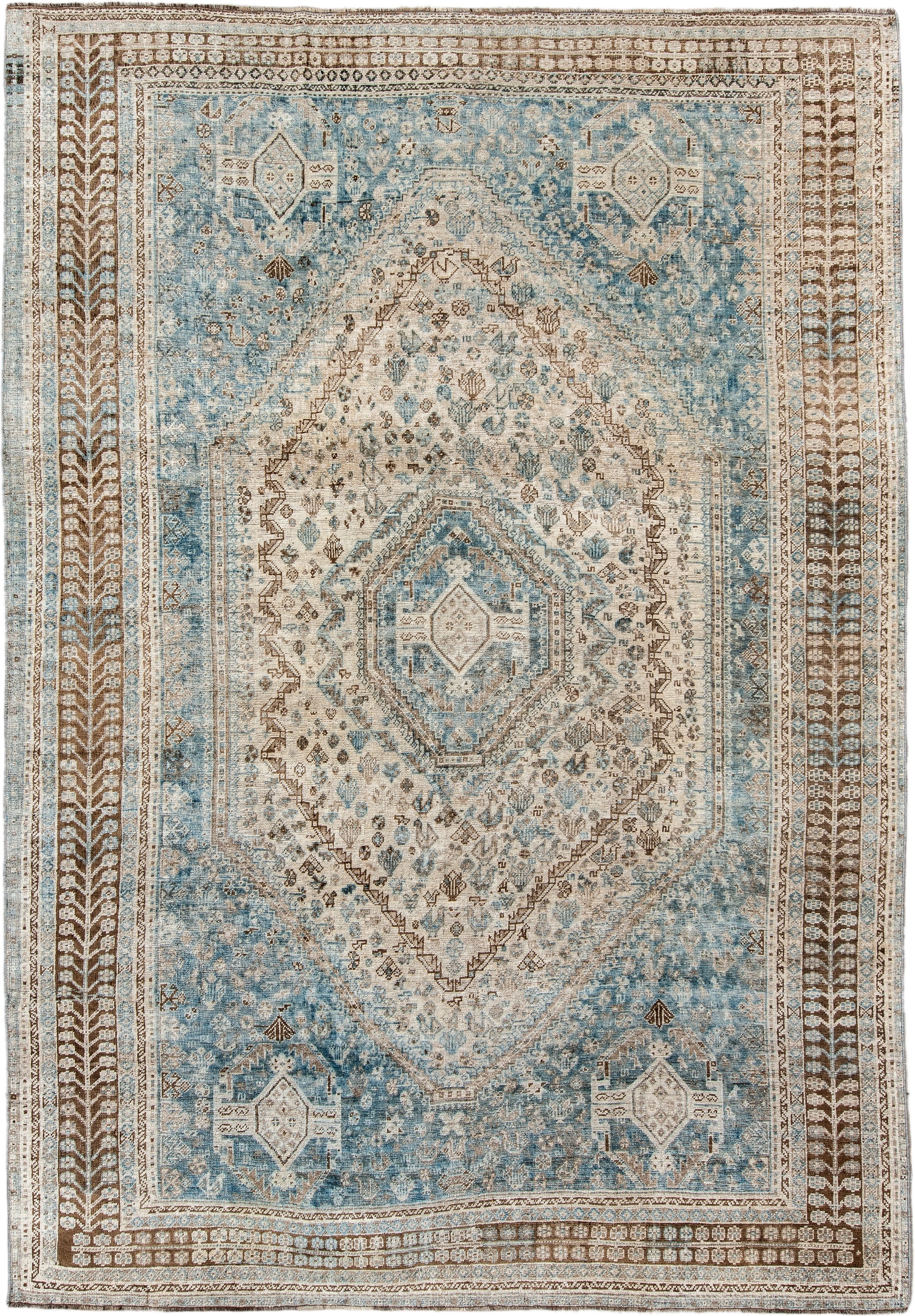 7' x 11' one-of-a-kind handmade antique Shiraz large size rug. Color palette: sky blue, ivory, brown, taupe, camel, slate