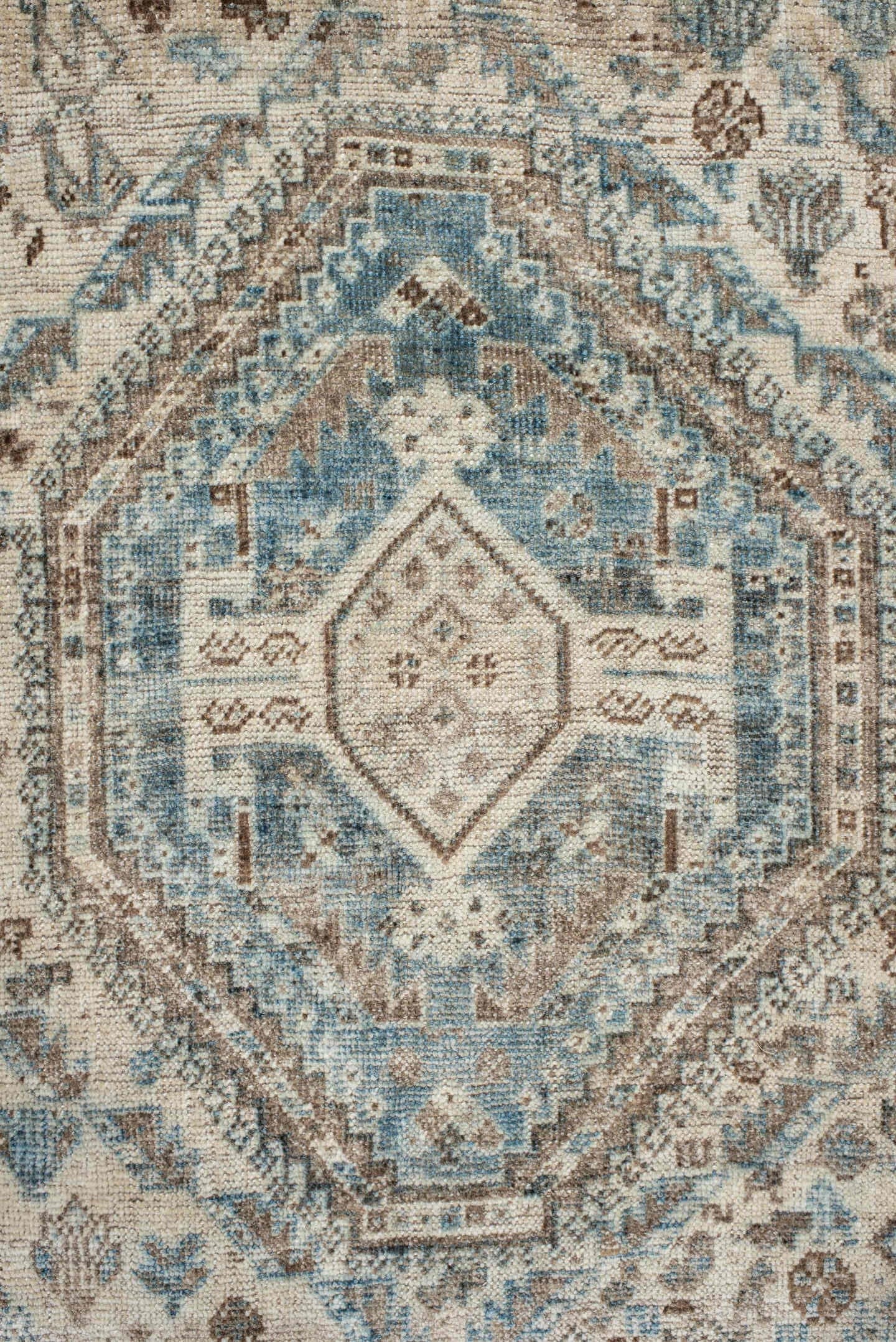 7' x 11' one-of-a-kind handmade antique Shiraz large size rug. Color palette: sky blue, ivory, brown, taupe, camel, slate