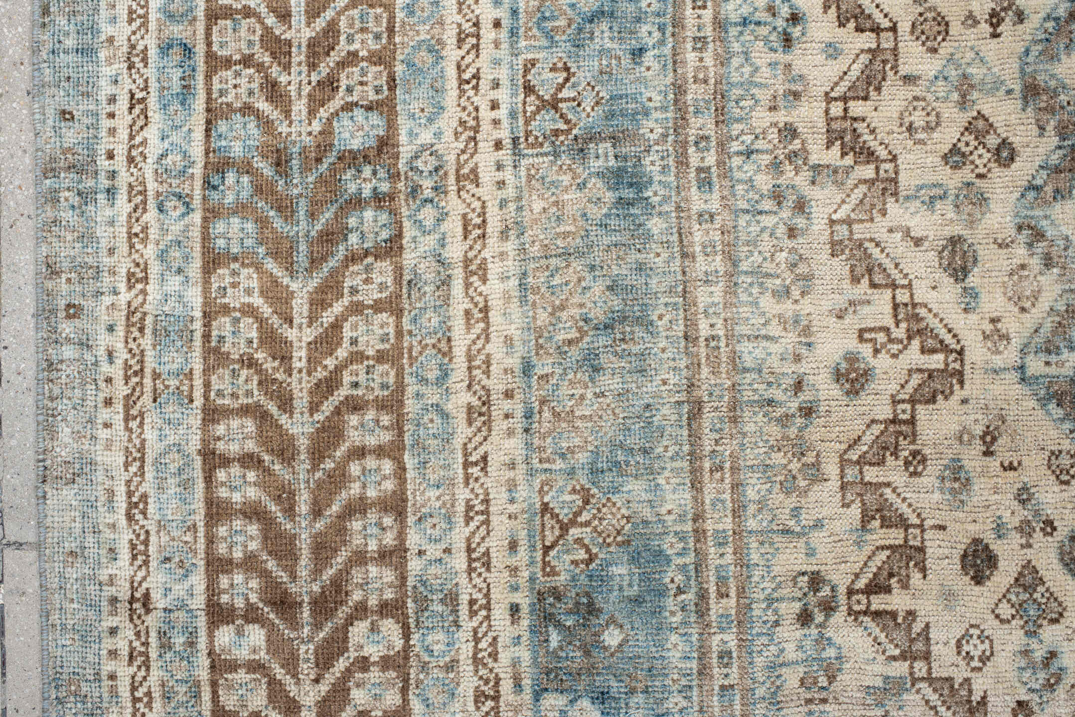 7' x 11' one-of-a-kind handmade antique Shiraz large size rug. Color palette: sky blue, ivory, brown, taupe, camel, slate