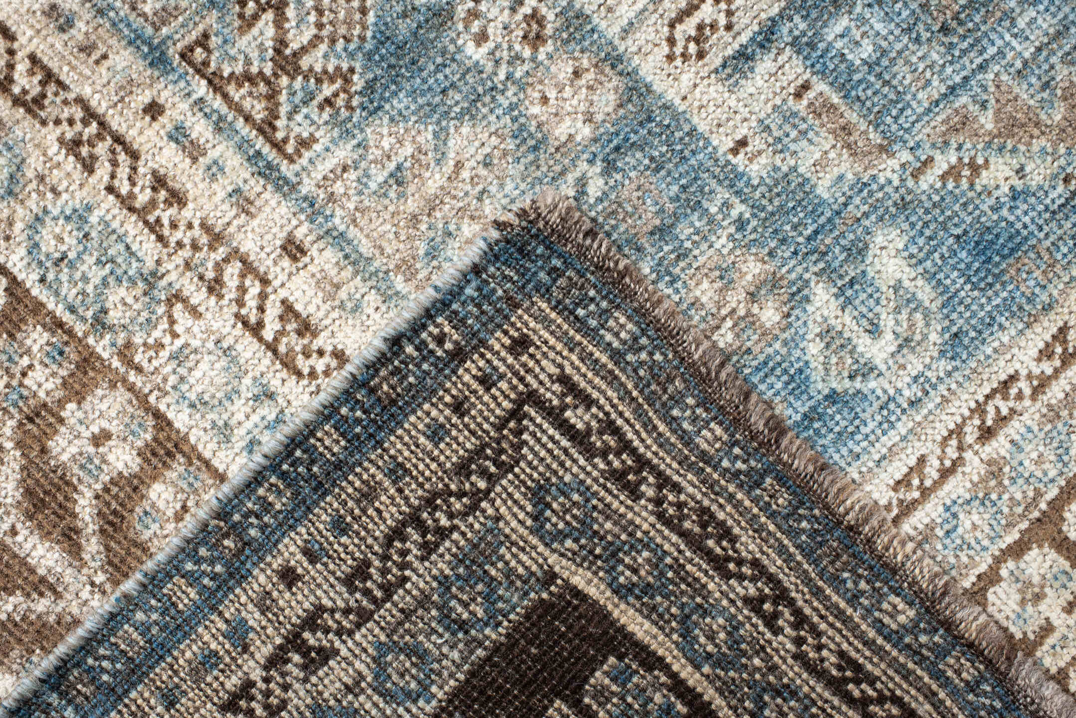 7' x 11' one-of-a-kind handmade antique Shiraz large size rug. Color palette: sky blue, ivory, brown, taupe, camel, slate