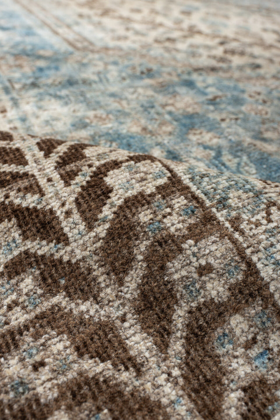 7' x 11' one-of-a-kind handmade antique Shiraz large size rug. Color palette: sky blue, ivory, brown, taupe, camel, slate