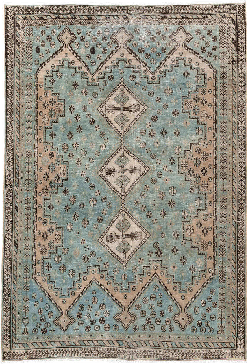 5' x 7' one-of-a-kind handmade antique Afshar rug. Color palette: sky blue, ivory, charcoal, taupe, camel, slate, light blue