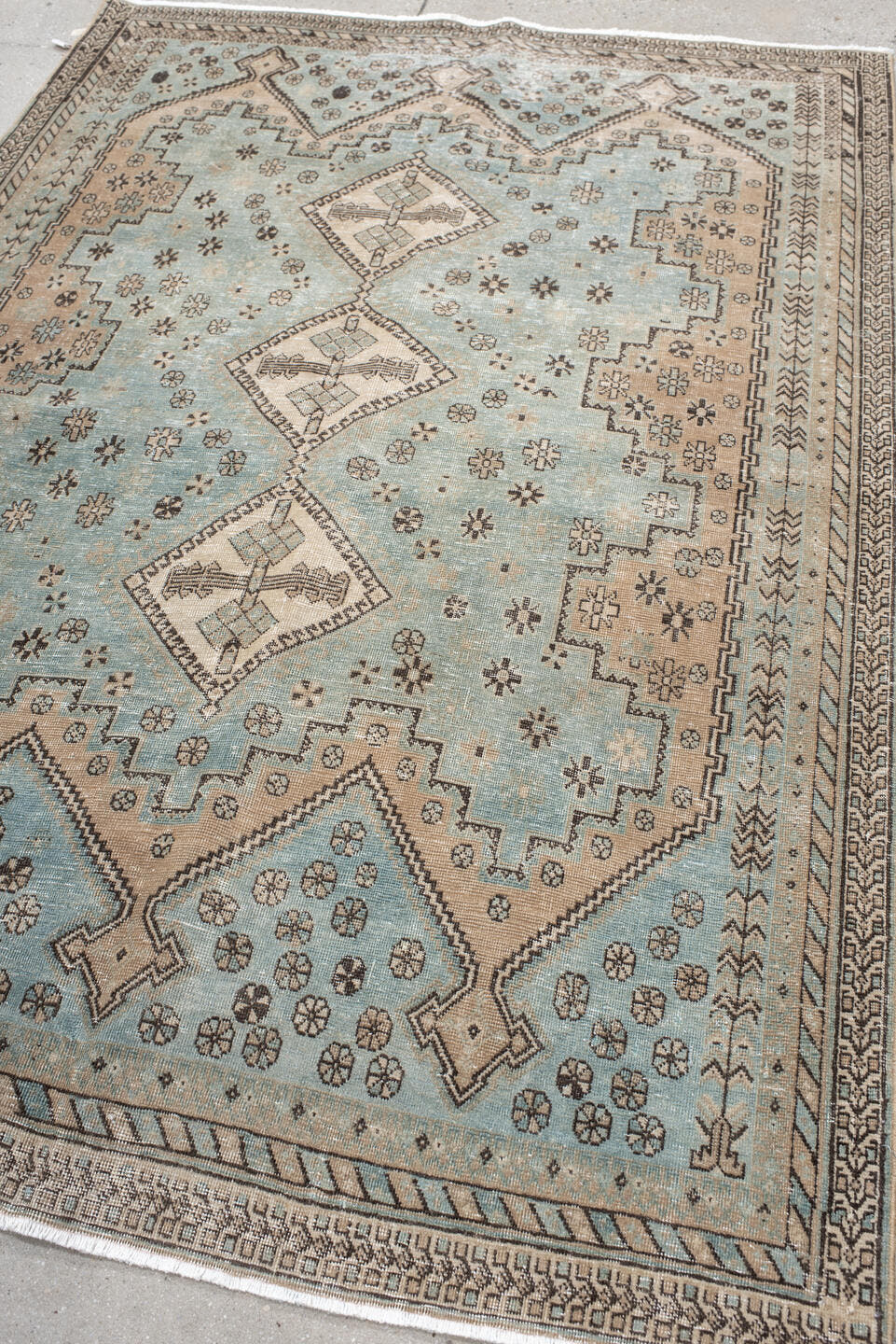 5' x 7' one-of-a-kind handmade antique Afshar rug. Color palette: sky blue, ivory, charcoal, taupe, camel, slate, light blue