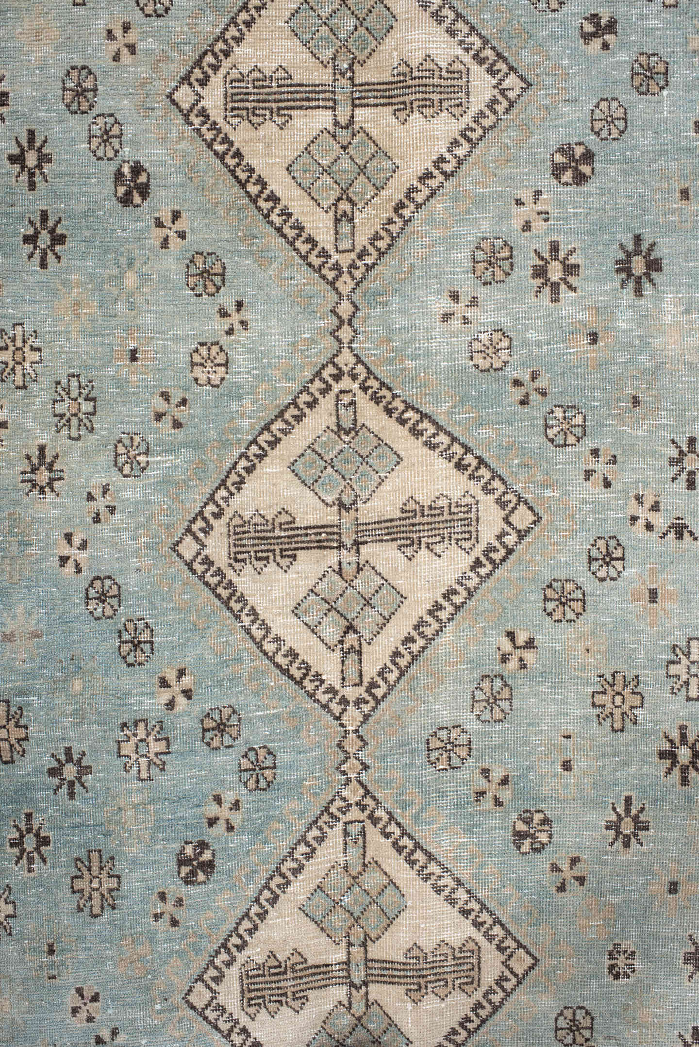 5' x 7' one-of-a-kind handmade antique Afshar rug. Color palette: sky blue, ivory, charcoal, taupe, camel, slate, light blue