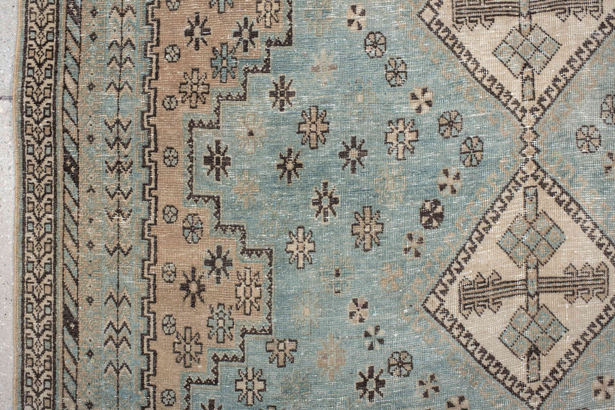 5' x 7' one-of-a-kind handmade antique Afshar rug. Color palette: sky blue, ivory, charcoal, taupe, camel, slate, light blue