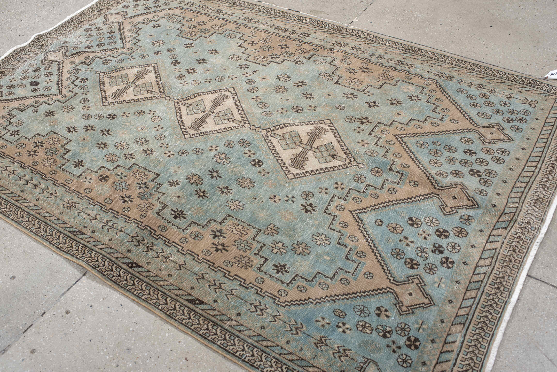 5' x 7' one-of-a-kind handmade antique Afshar rug. Color palette: sky blue, ivory, charcoal, taupe, camel, slate, light blue
