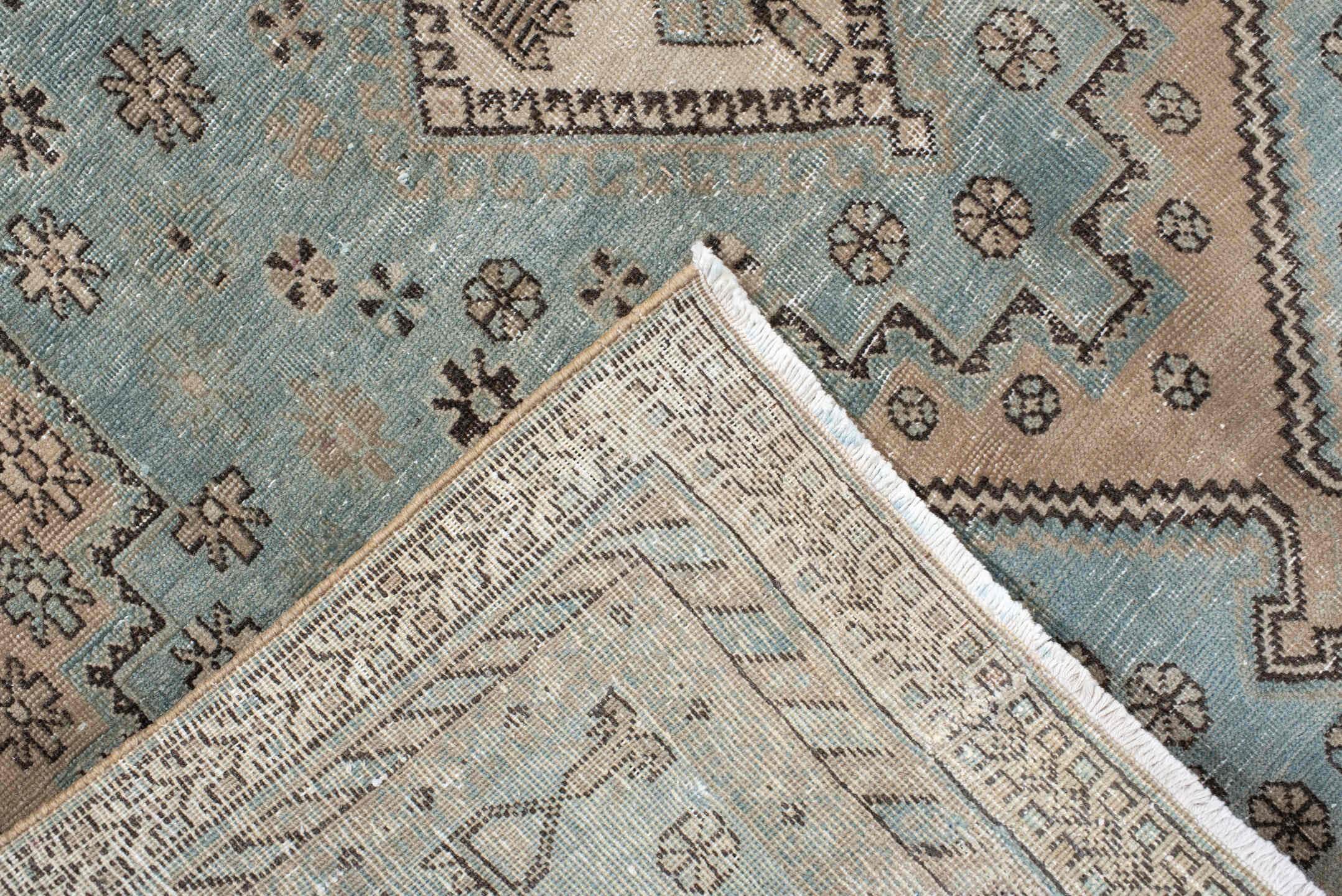 5' x 7' one-of-a-kind handmade antique Afshar rug. Color palette: sky blue, ivory, charcoal, taupe, camel, slate, light blue
