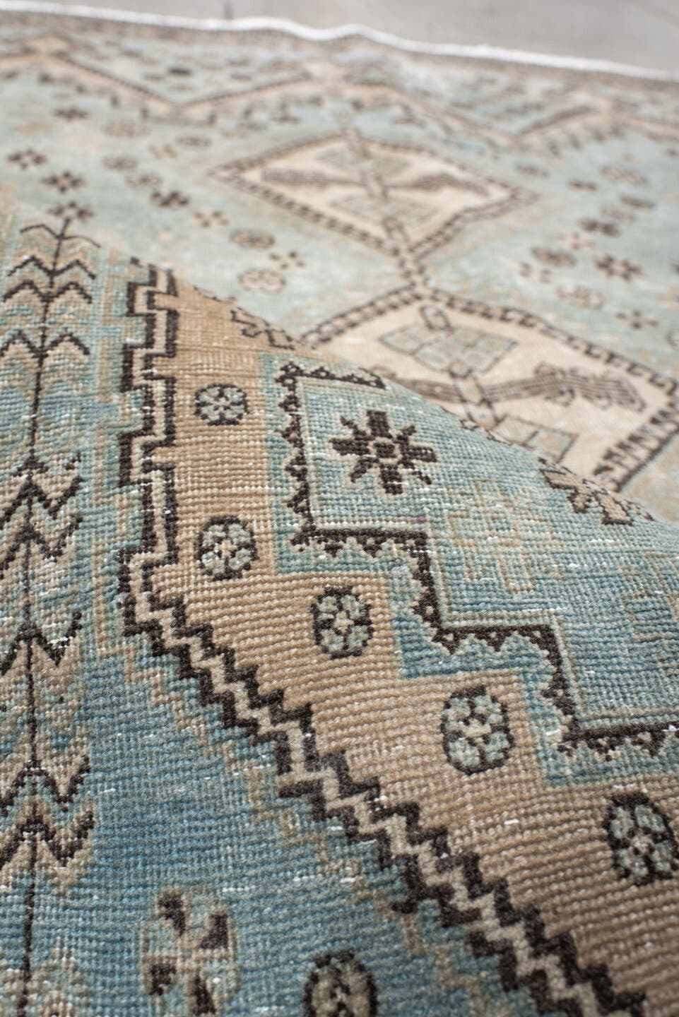 5' x 7' one-of-a-kind handmade antique Afshar rug. Color palette: sky blue, ivory, charcoal, taupe, camel, slate, light blue