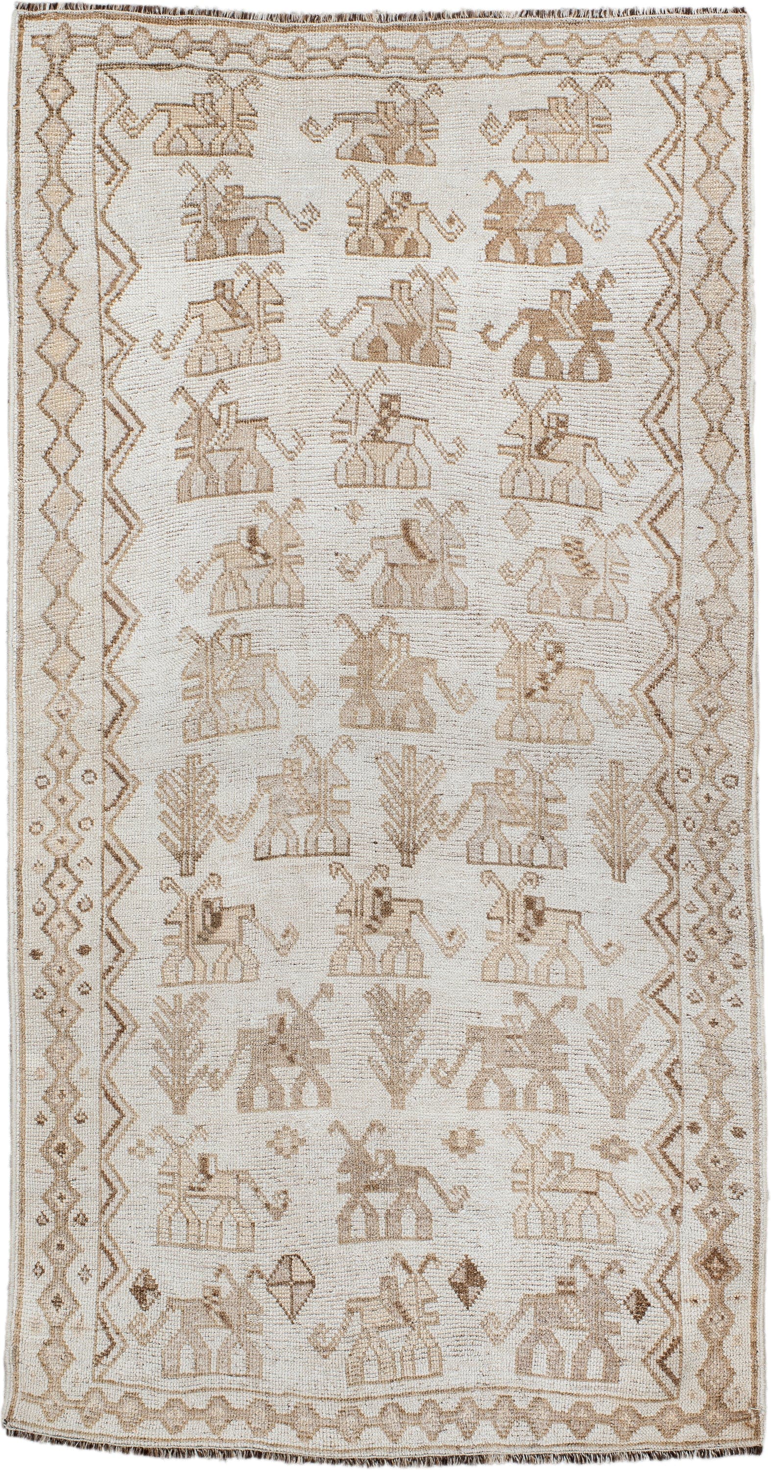 3' x 6' one-of-a-kind handmade antique Gabbe small size rug. Color palette: ivory, taupe, camel, beige, brown, gray