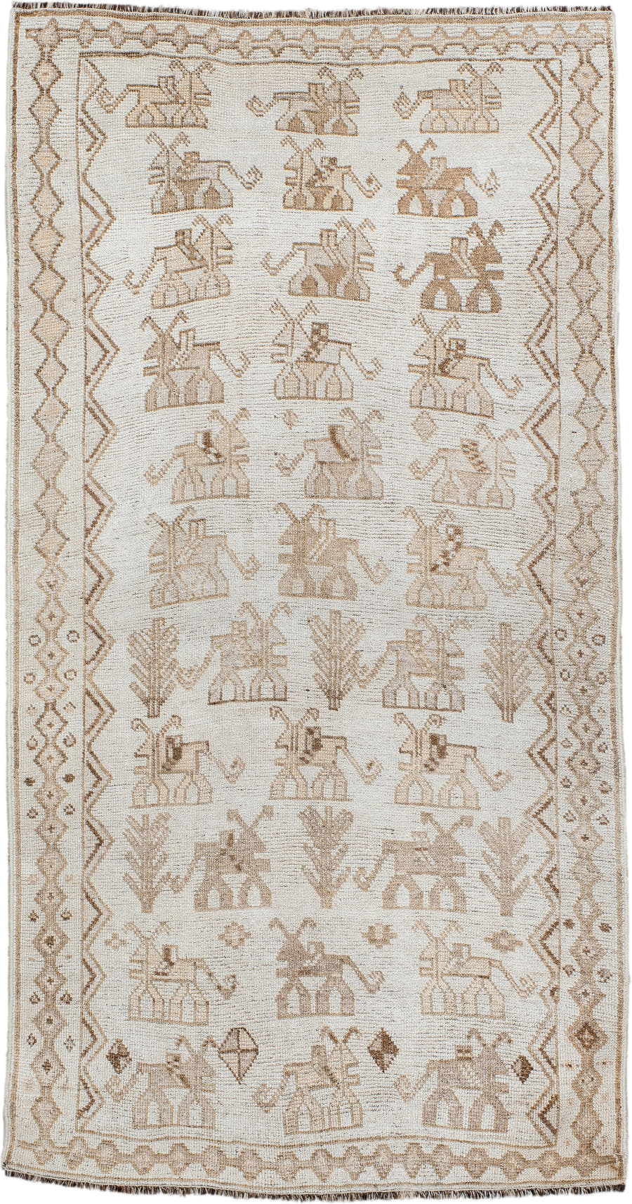 3' x 6' one-of-a-kind handmade antique Gabbe small size rug. Color palette: ivory, taupe, camel, beige, brown, gray