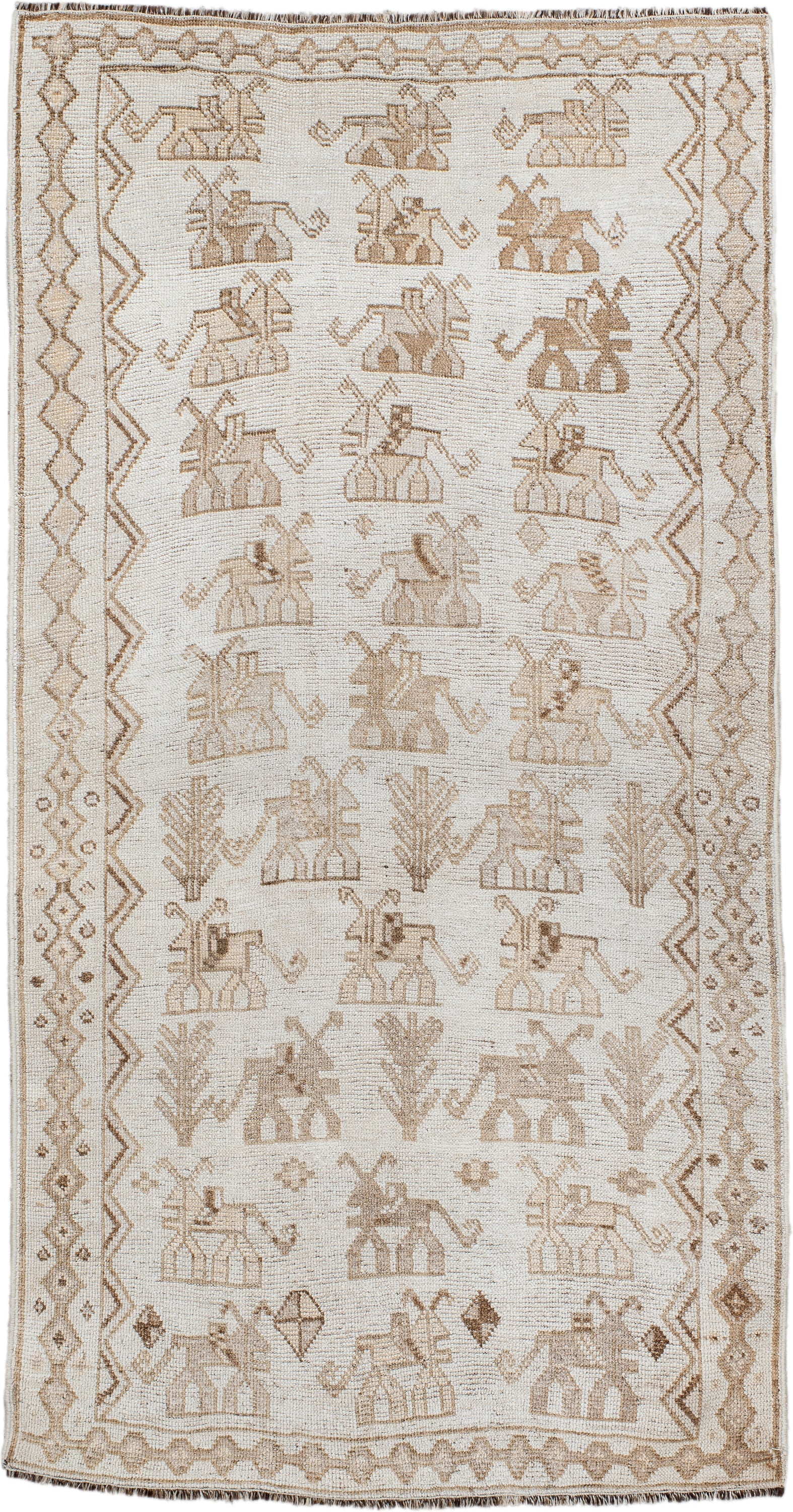 3' x 6' one-of-a-kind handmade antique Gabbe small size rug. Color palette: ivory, taupe, camel, beige, brown, gray