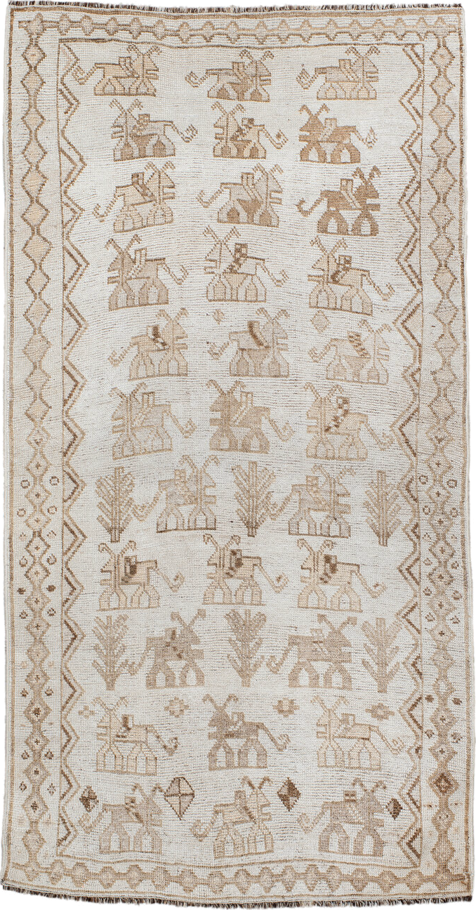 3' x 6' one-of-a-kind handmade antique Gabbe small size rug. Color palette: ivory, taupe, camel, beige, brown, gray