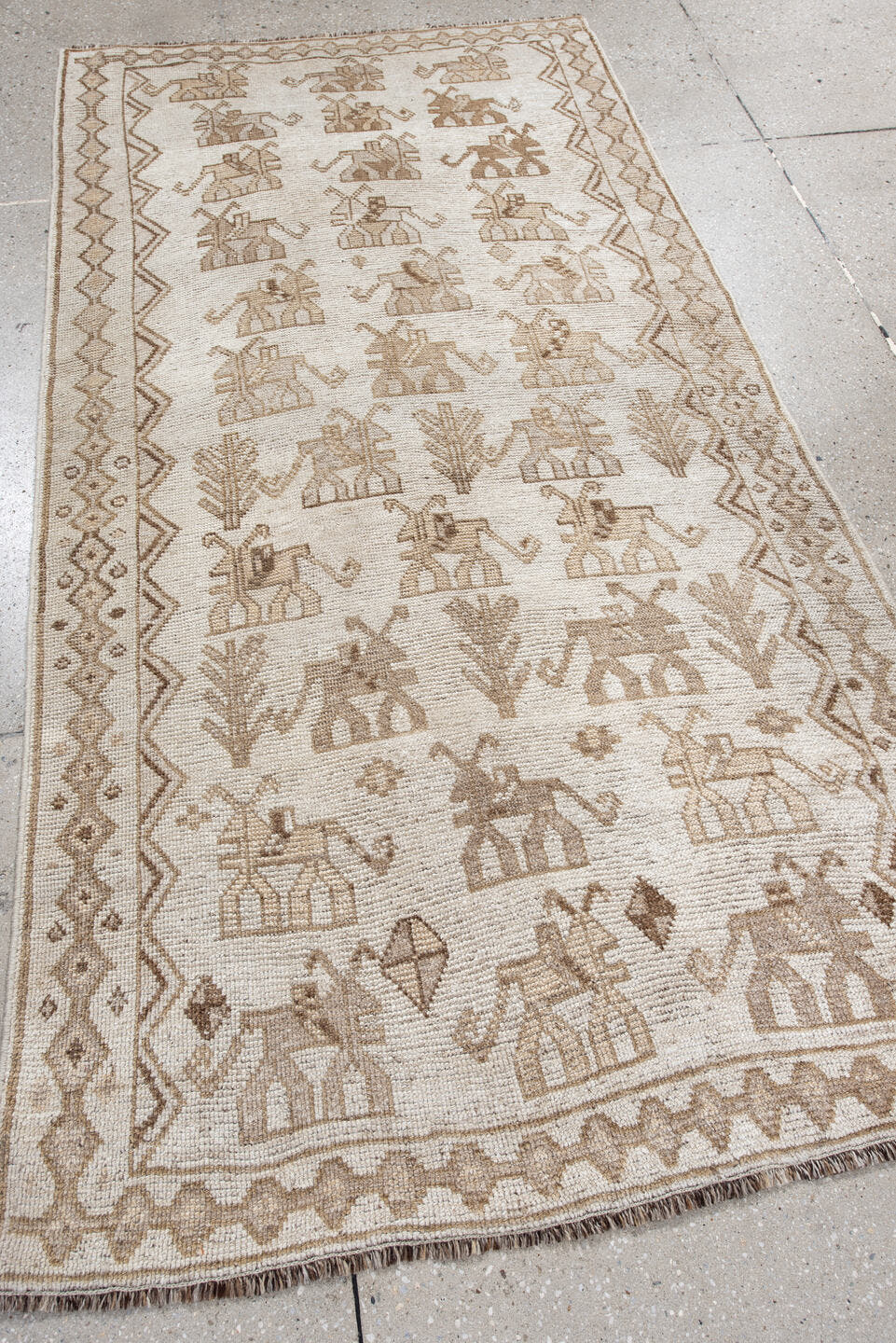 3' x 6' one-of-a-kind handmade antique Gabbe small size rug. Color palette: ivory, taupe, camel, beige, brown, gray