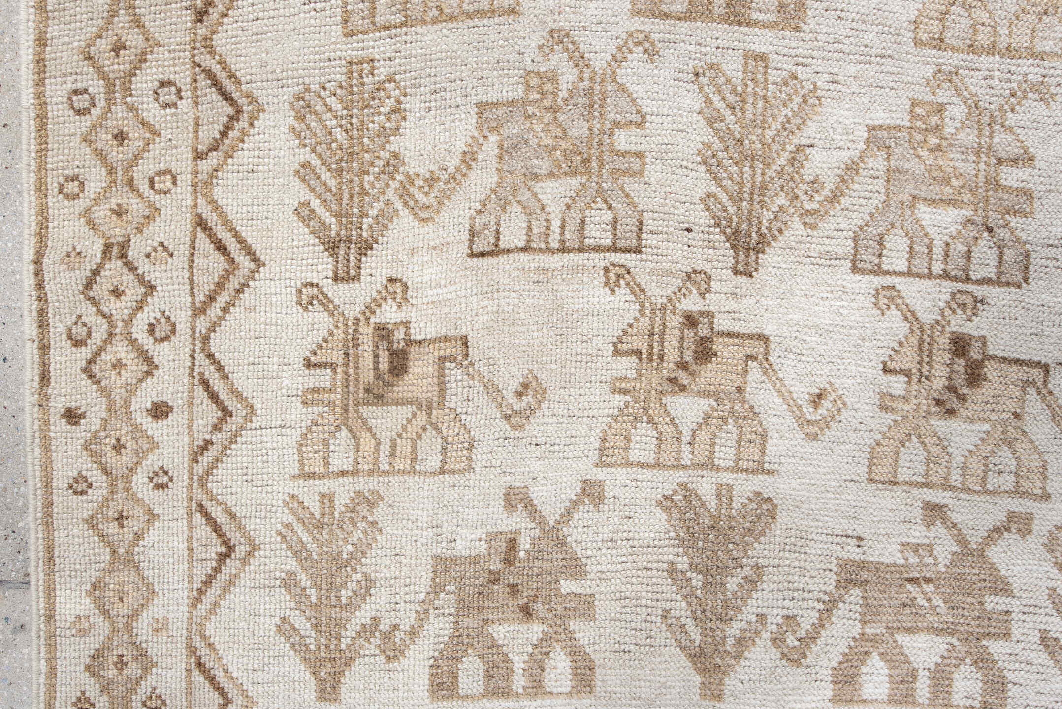 3' x 6' one-of-a-kind handmade antique Gabbe small size rug. Color palette: ivory, taupe, camel, beige, brown, gray