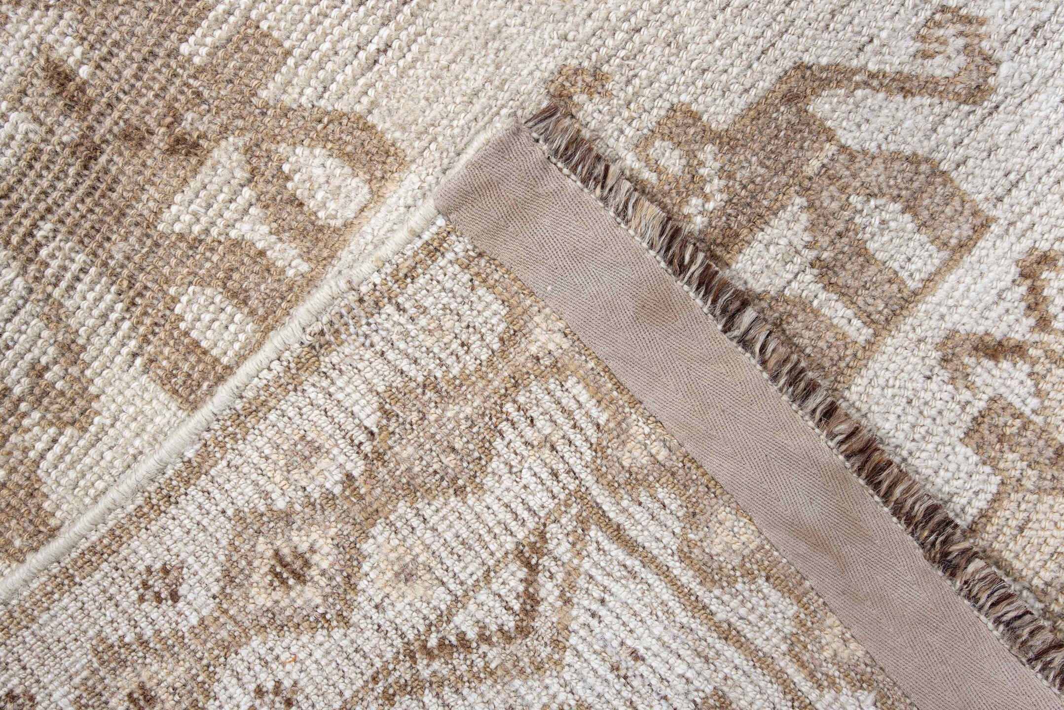 3' x 6' one-of-a-kind handmade antique Gabbe small size rug. Color palette: ivory, taupe, camel, beige, brown, gray