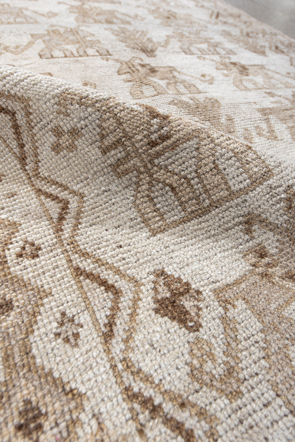 3' x 6' one-of-a-kind handmade antique Gabbe small size rug. Color palette: ivory, taupe, camel, beige, brown, gray