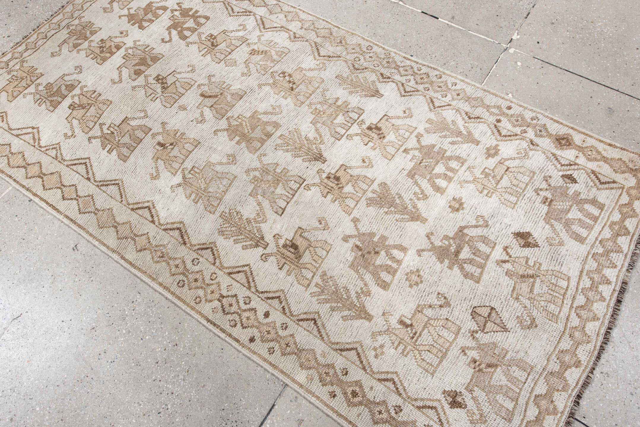 3' x 6' one-of-a-kind handmade antique Gabbe small size rug. Color palette: ivory, taupe, camel, beige, brown, gray